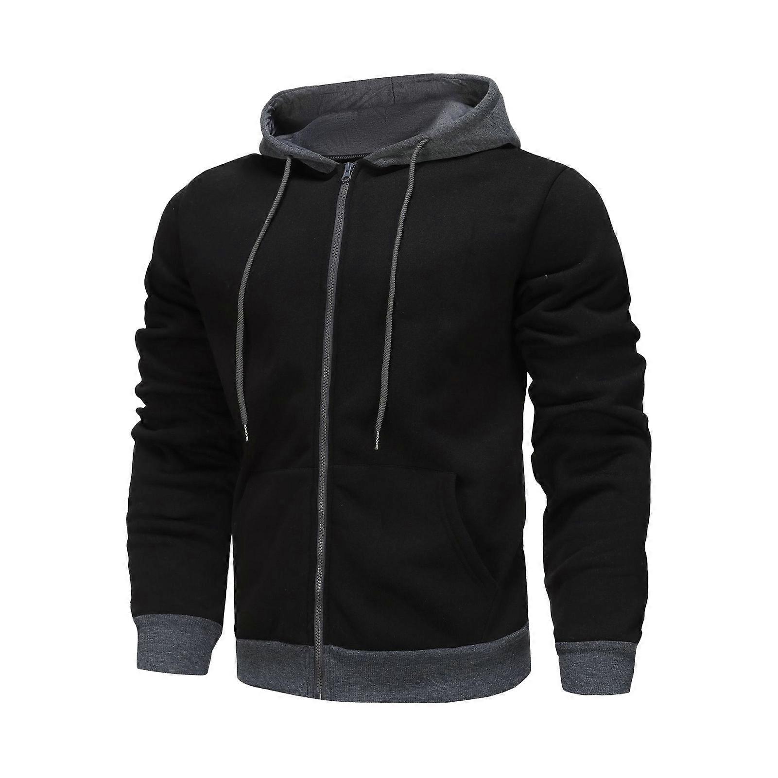 Men Fall Winter Hoodie Drawstring Long Sleeves Solid Color Drawstring Zippper Closure Coat Cardigan