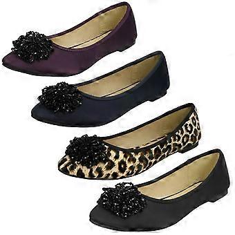 Ladies Spot On Beaded Ruffle Vamp Flat Ballerina