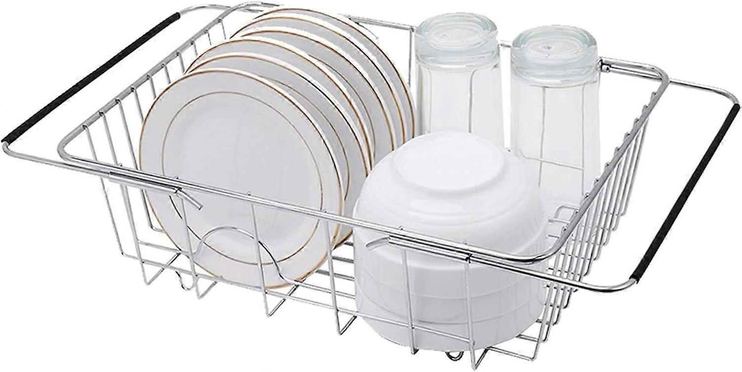 Rustproof Expandable Dish Drying Rack with Silverware Holder and Non-Slip Arms