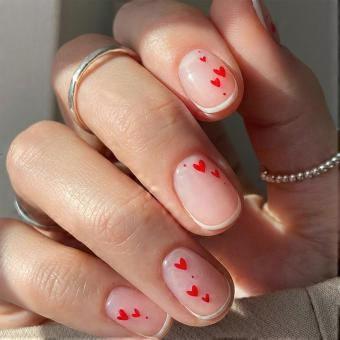 Short Square French Tip Press on Nails with Red Hearts Design, Glossy Nude Pink Reusable Nail Set 24Pcs