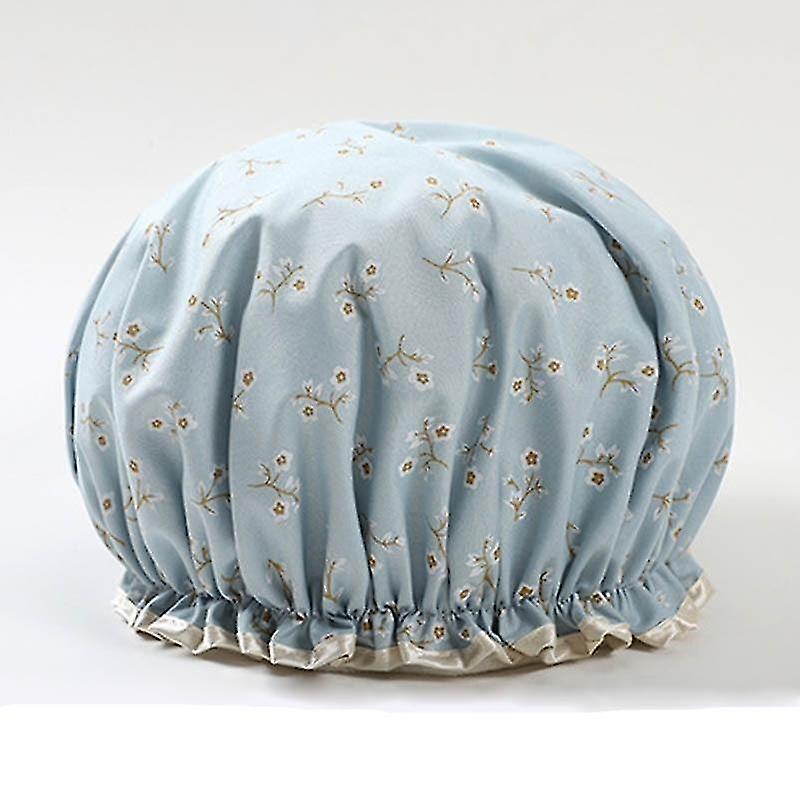 Blue small flower Waterproof Bath Hat Double Layer Shower Hair Cover