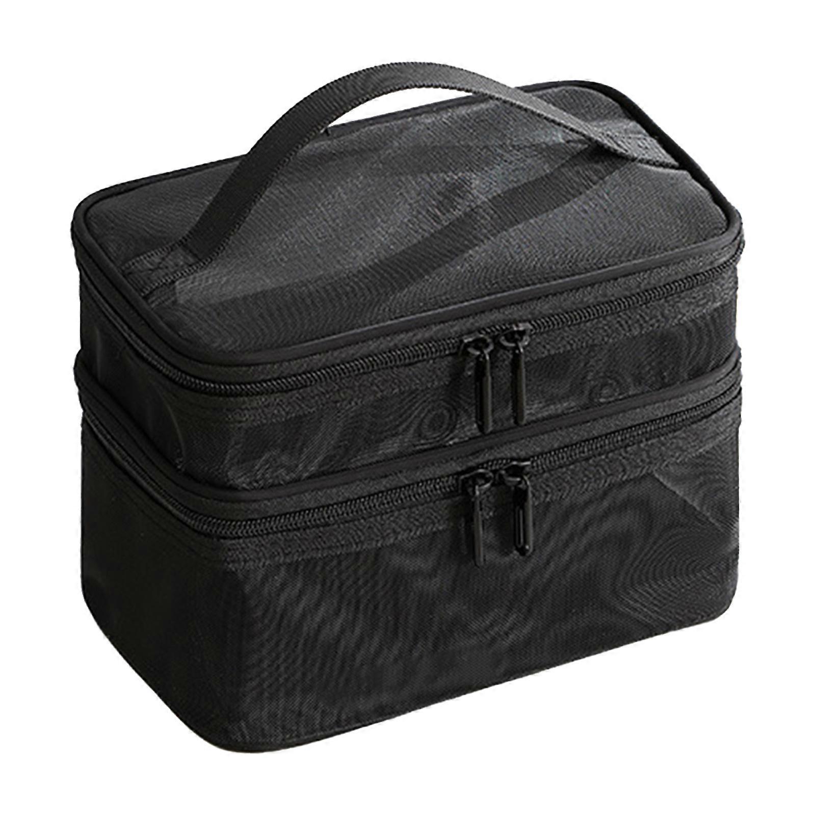 Double Layer Cosmetic Bag Easy Classification Large Capacity Mesh Cosmetic Bag with Sturdy Handle for Travel Black Double Layer