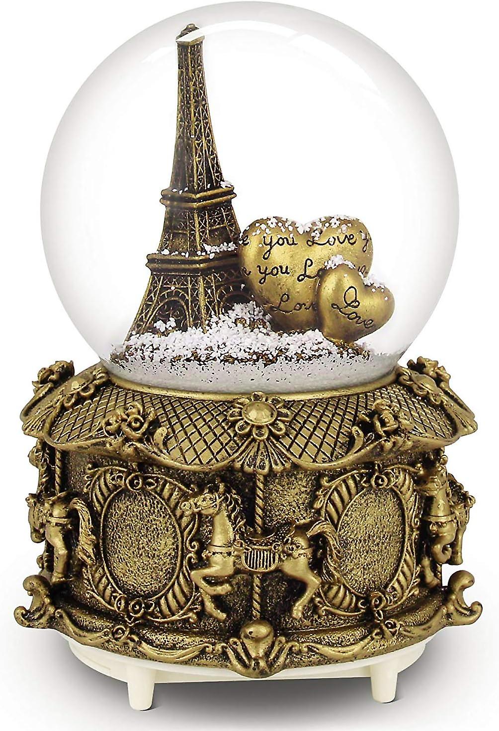 Paris Eiffel Tower Snow Globe Music Box With Automatic Snowfall And Colorful Lights, 100mm 6 Tall c