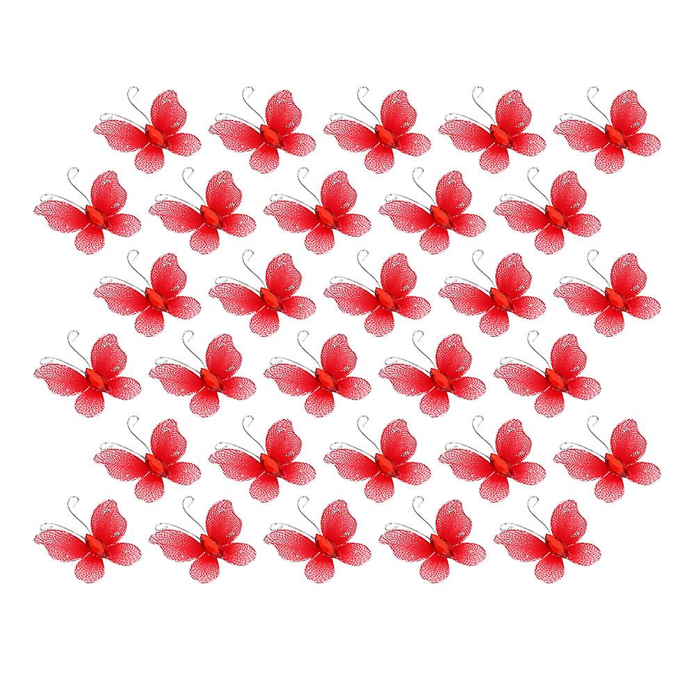 30pcs Wired Mesh Glitter Butterflies with Artificial Gem DIY Handmade Crafts for Weeding Party Home DecorationRed