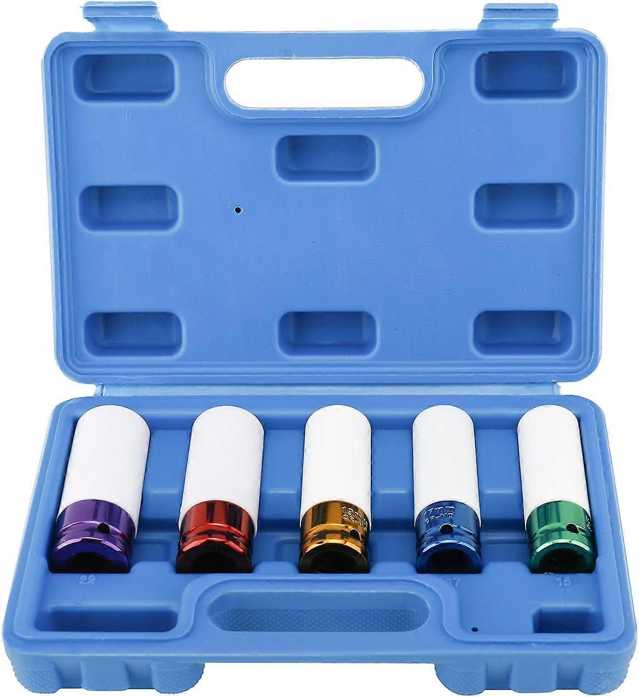 Set of 5 Impact Sockets for Wheel Drive Extra Thin Wall Metric Rims, Size 15, 17, 19, 21, 22 mm