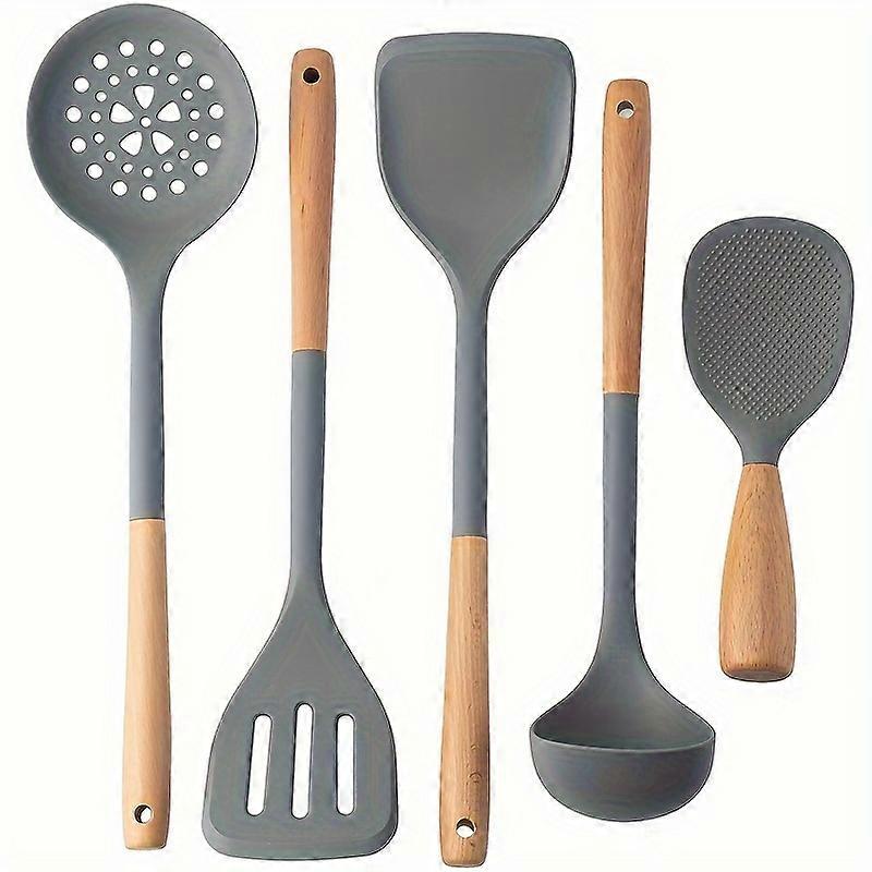 5pcs/st, Silicone Kitchen Utensils Set, Non-stick Spatula Cooking Utensils Set, With Wooden Handle, Cooking Tools, Frying Spatula, Colander, Rice Spoo