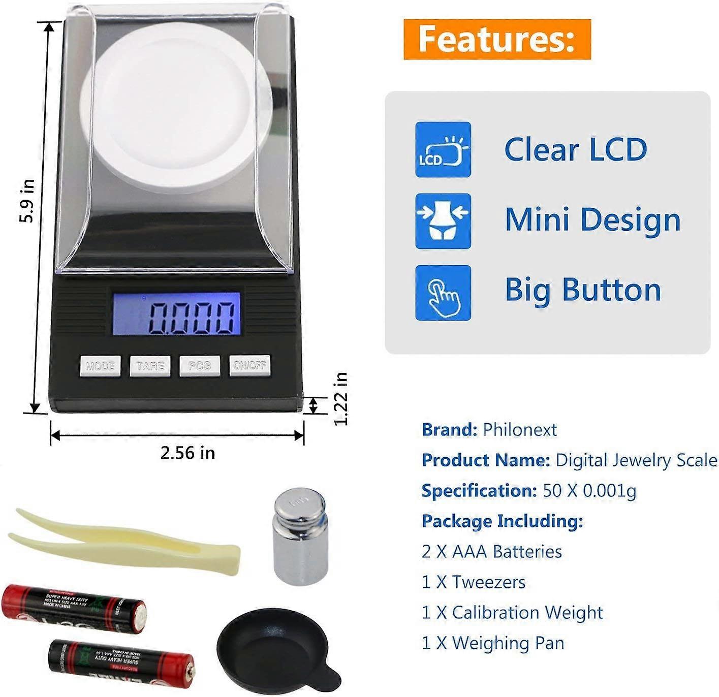 Precision Pocket Scale, Jewelry Scales 50 X 0.001G Digital Scale Kitchen Scale With Lcd Display With Calibration Weight Tweezers And Weighing Pan