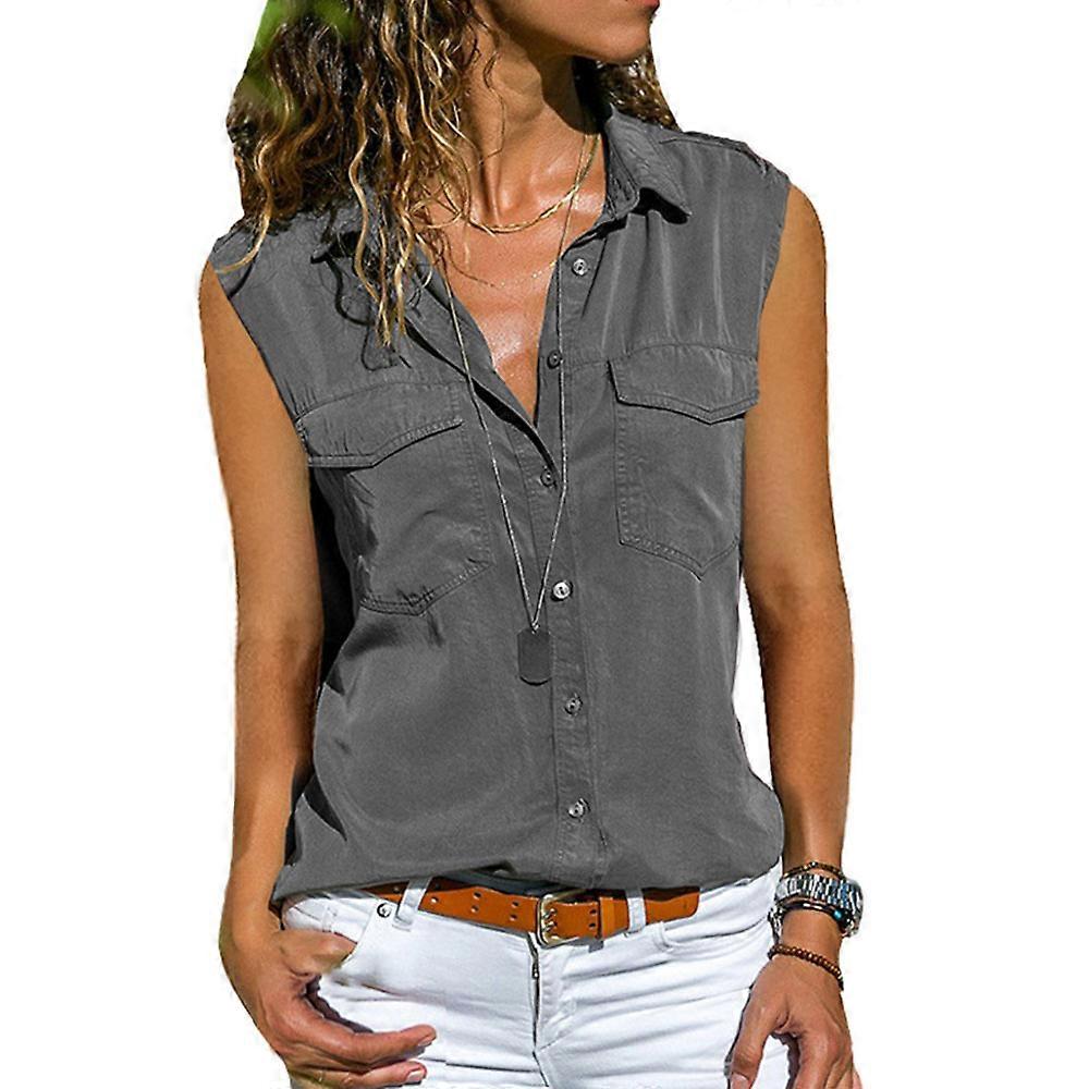 Women's Button Sleeveless Pocket Vests Blouse Shirt Solid Color for Summer