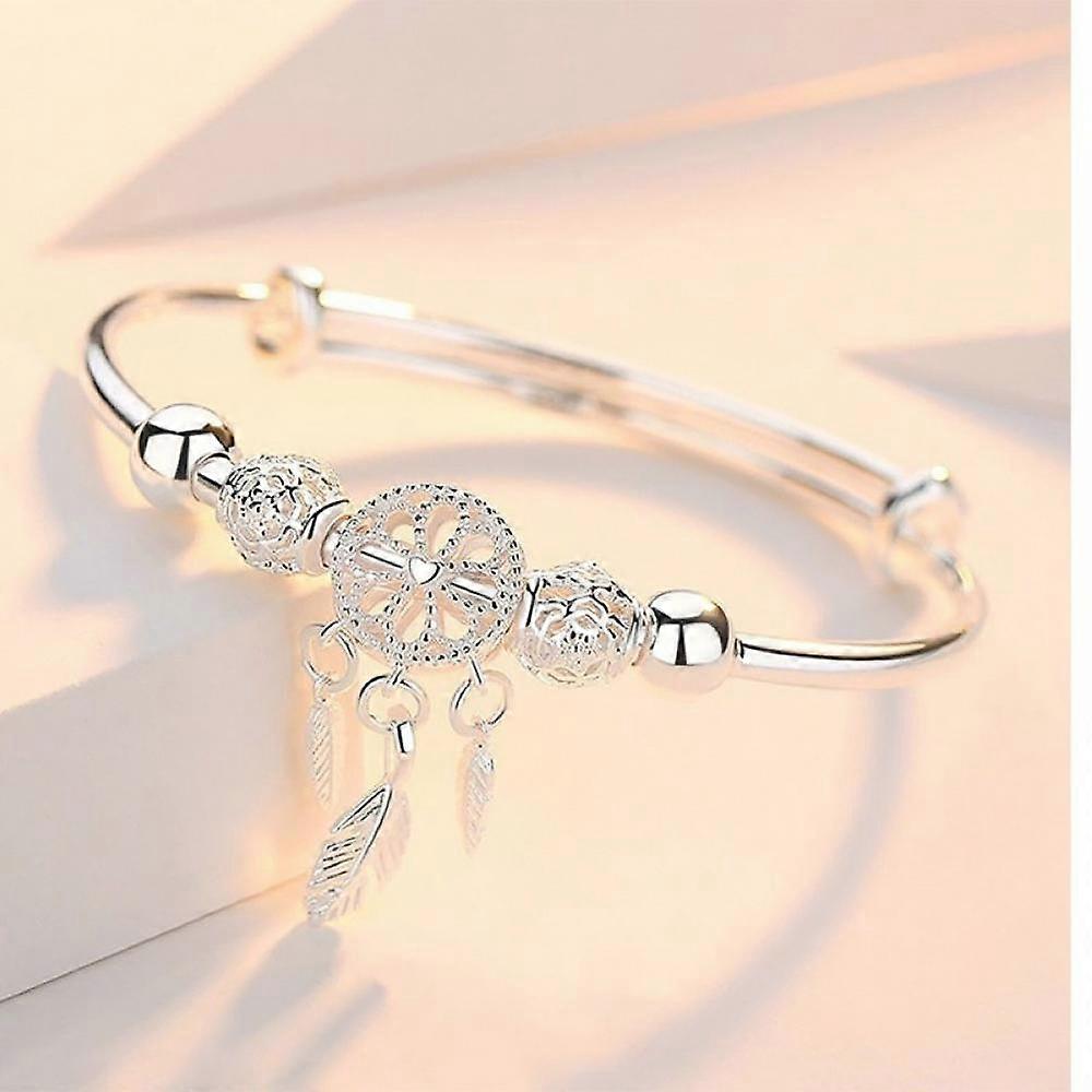 Adjustable 925 Silver Dreamcatcher Tassel Round Bead Charm Bracelet Bangle