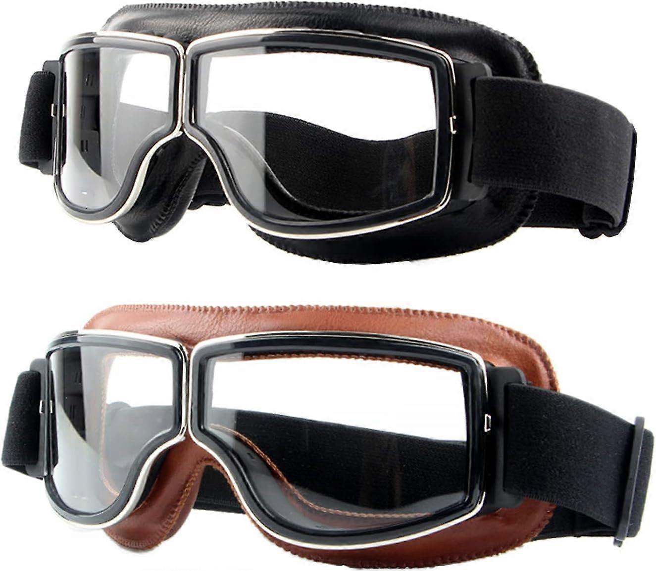 SBSG Motorcycle Goggles,2 Pack Vintage Anti Fog Pilot PU Leather Glasses Dustproof ATV Off Road Motorbike Helmet Eyewear Protect for Ridding Motorcros