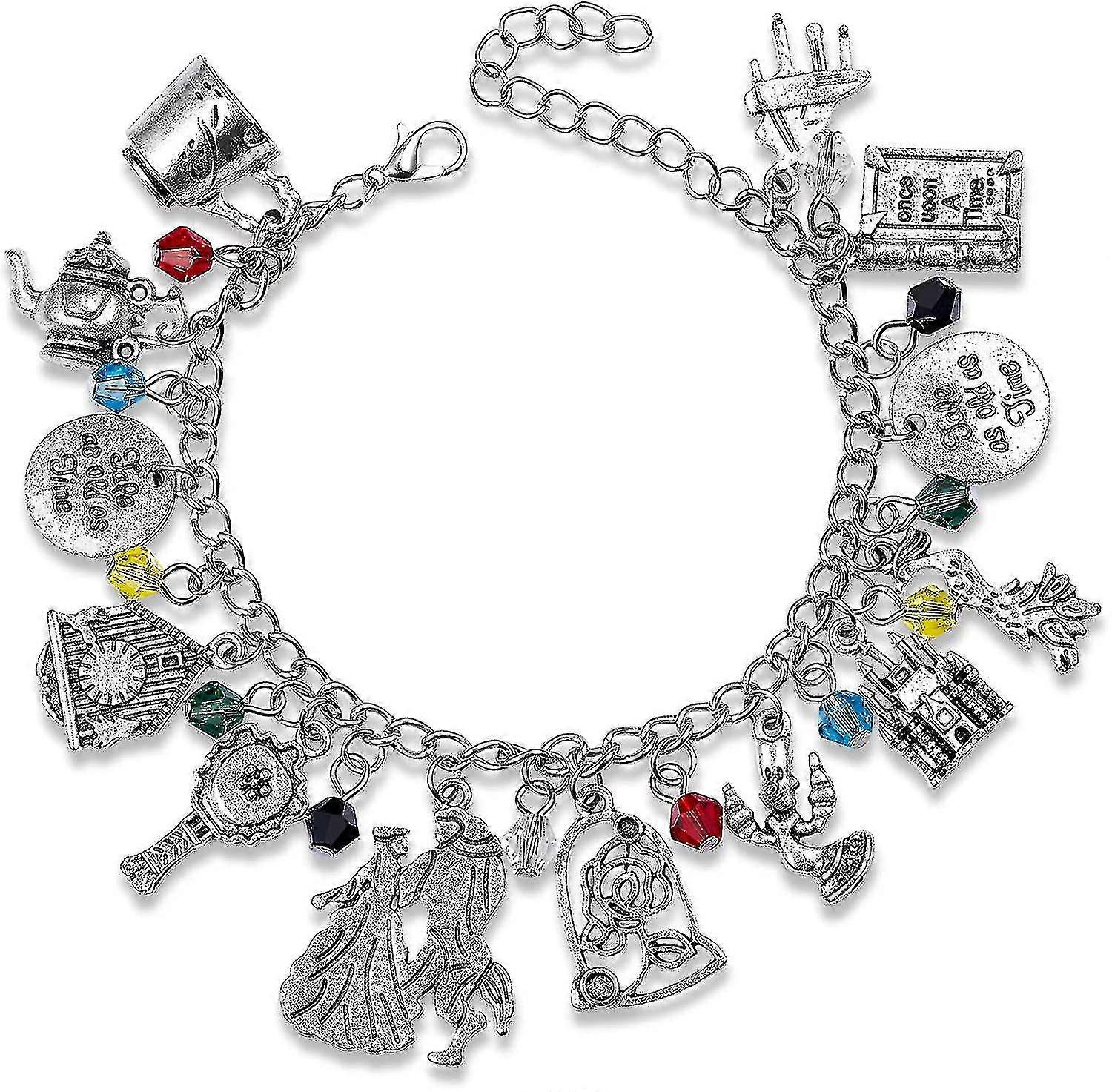 Pulseiras de charme temático, 8 polegadas ajustável, presente de aniversário para adolescentes meninas Bela e a Fera