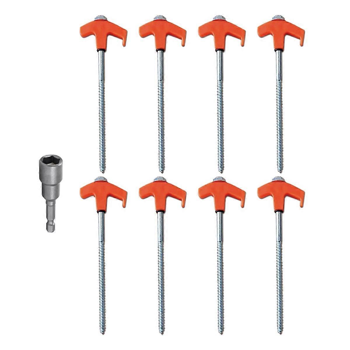 200mmx8pcs Metal Tent Spikes Camping Pegs Drill in Ground Anchors Spiral Screw with Hex Socket Stak