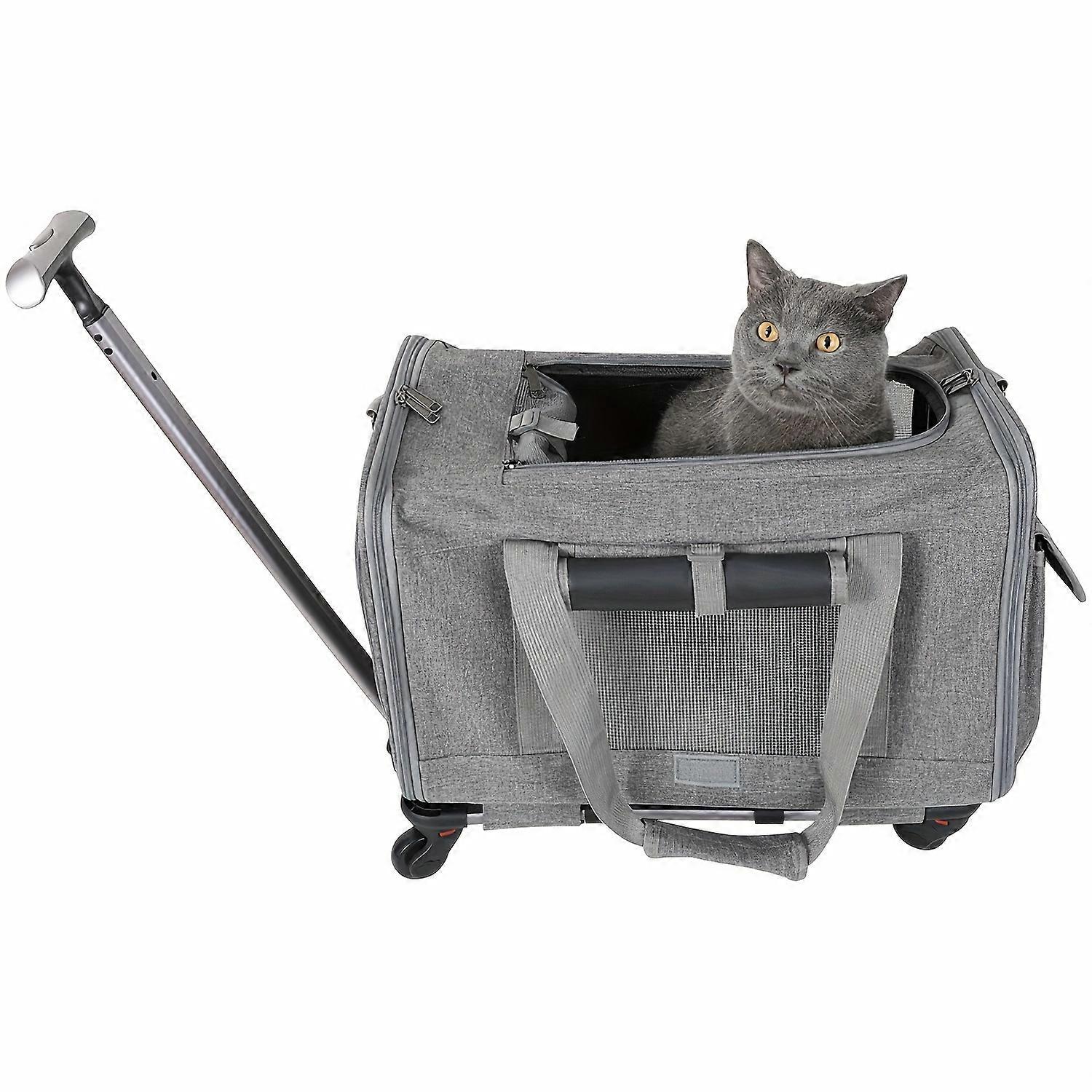 Convertible Pet Carrier with Wheels for Cats & Dogs, Gray Soft-Sided Portable Rollable Case, Multifunctional Travel Bed/Crate with Extendable Handle,