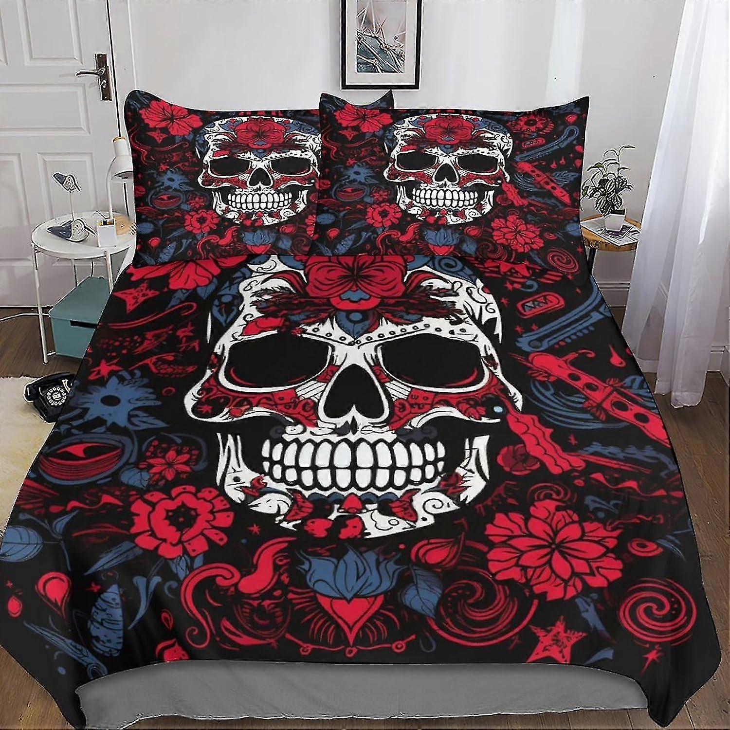 o5146 Lençóis de Cama Caveira Vermelha 3 Peças Capa de Edredom, Conjuntos de Cama 3D Capa de Quilt de Tatuagem Gótica, Capa de Edredom Microfibra Macia, Com Fronhas, Com Z