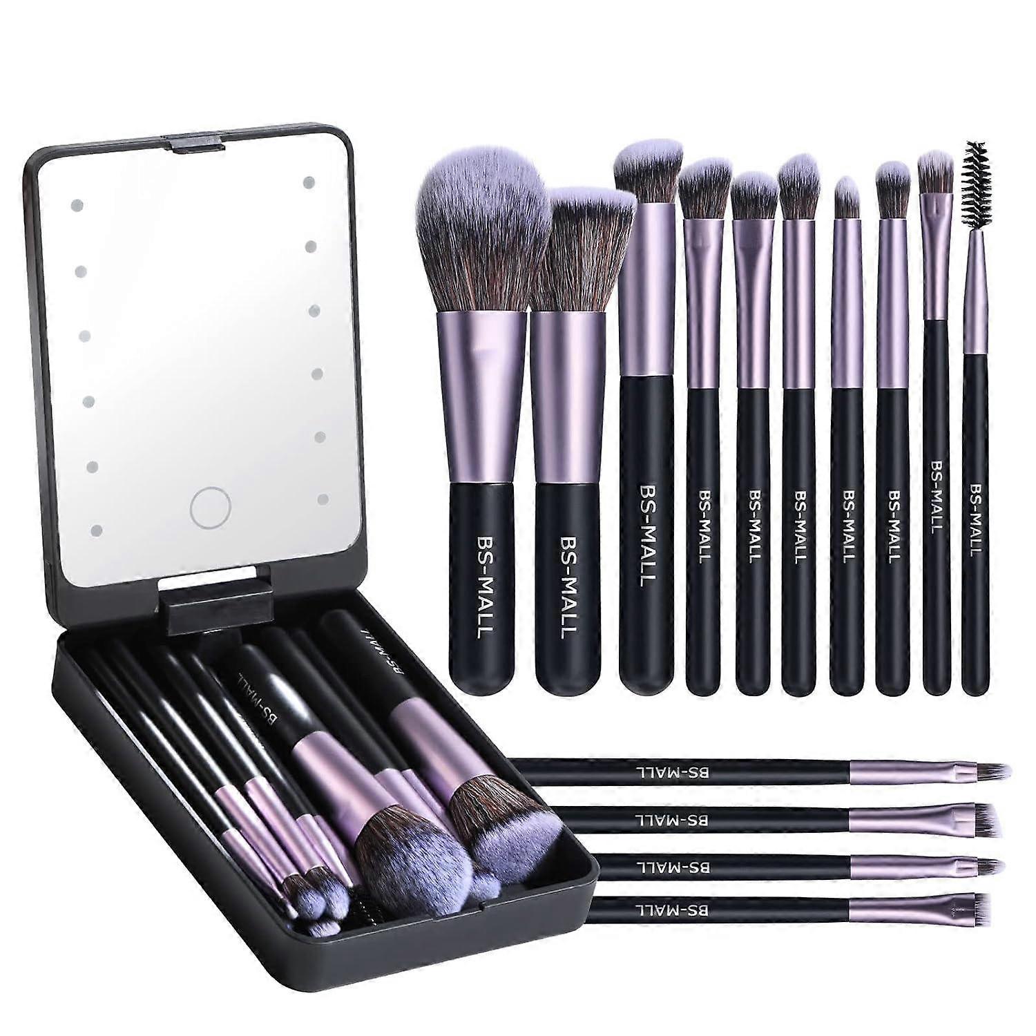 14 Pcs Travel Makeup Brush Set with LED light Mirror
