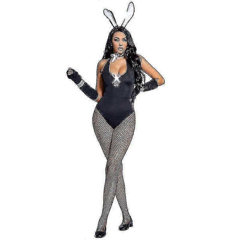 Costume Cosplay Rabbit Girl Black Low Cut Deep V Mesh Bas Strappy Jumpsuit