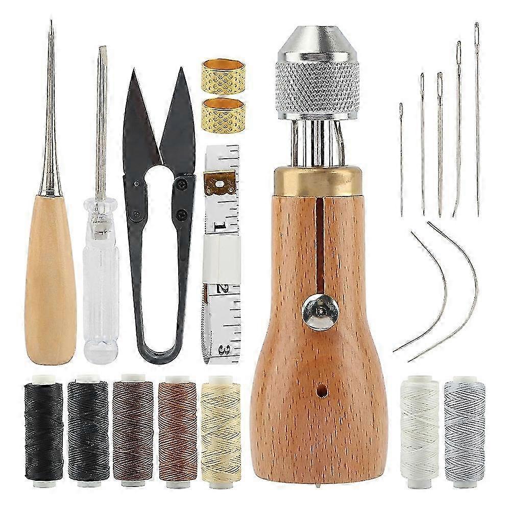 Sewing Awl Kit,Straight Bent Needles Rolls Waxed Threads Screwdriver Yarn Threader Tape Measure Sci