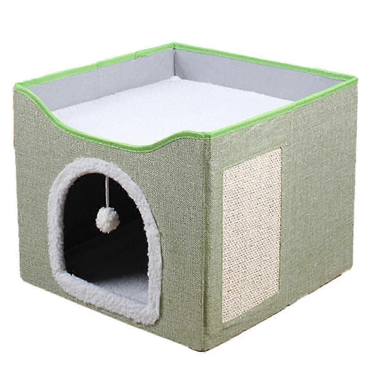 Large Cat Bed with Ball Hanging and Scratch Pad Double Layered Foldable Cat Beds for Indoor Cats Sle