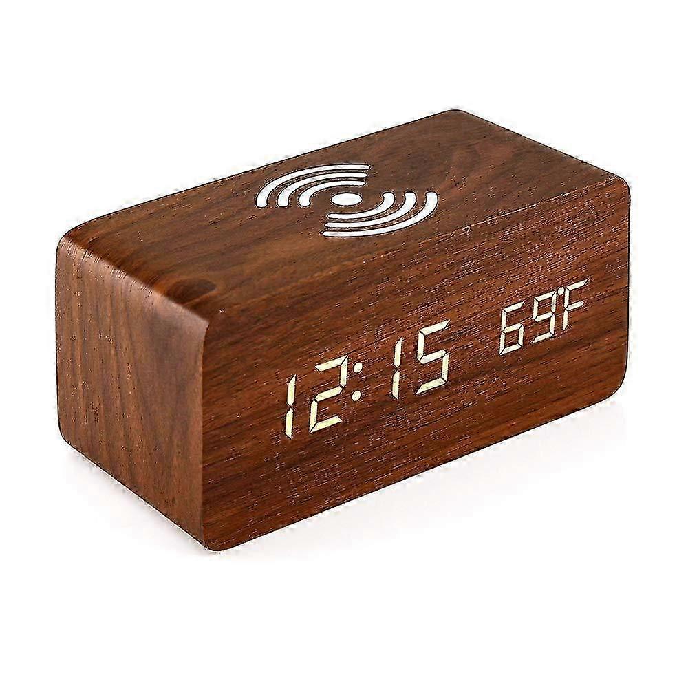 Wooden Digital Alarm Clock with Wireless Charging, Adjustable Brightness & Volume, Brown