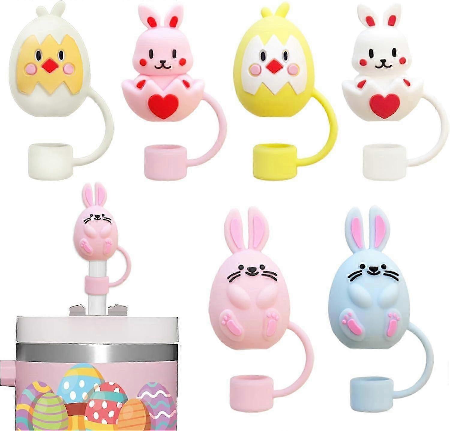 Easter Straw Cover Cap Fit for Stanley Cup, 6pcs Silicone Easter Egg, Bunny & Chick Straw Toppers, 10mm Dust Proof Reusable Straw Tips