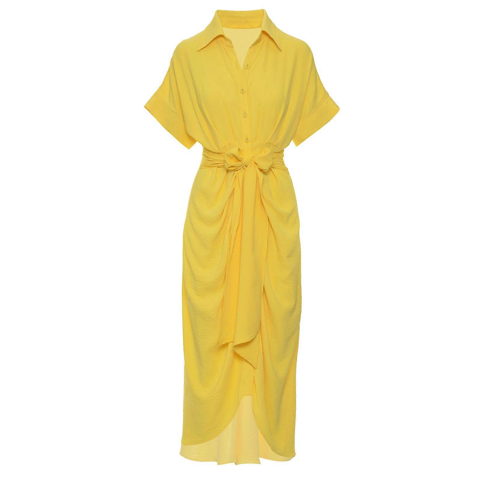 Girl Lapel Long Short Sleeve Dresses Single-Breasted High Waist Shirt Dress Button Dwon V-Neck Ruffle Office Daily Cloth  Yellow XL