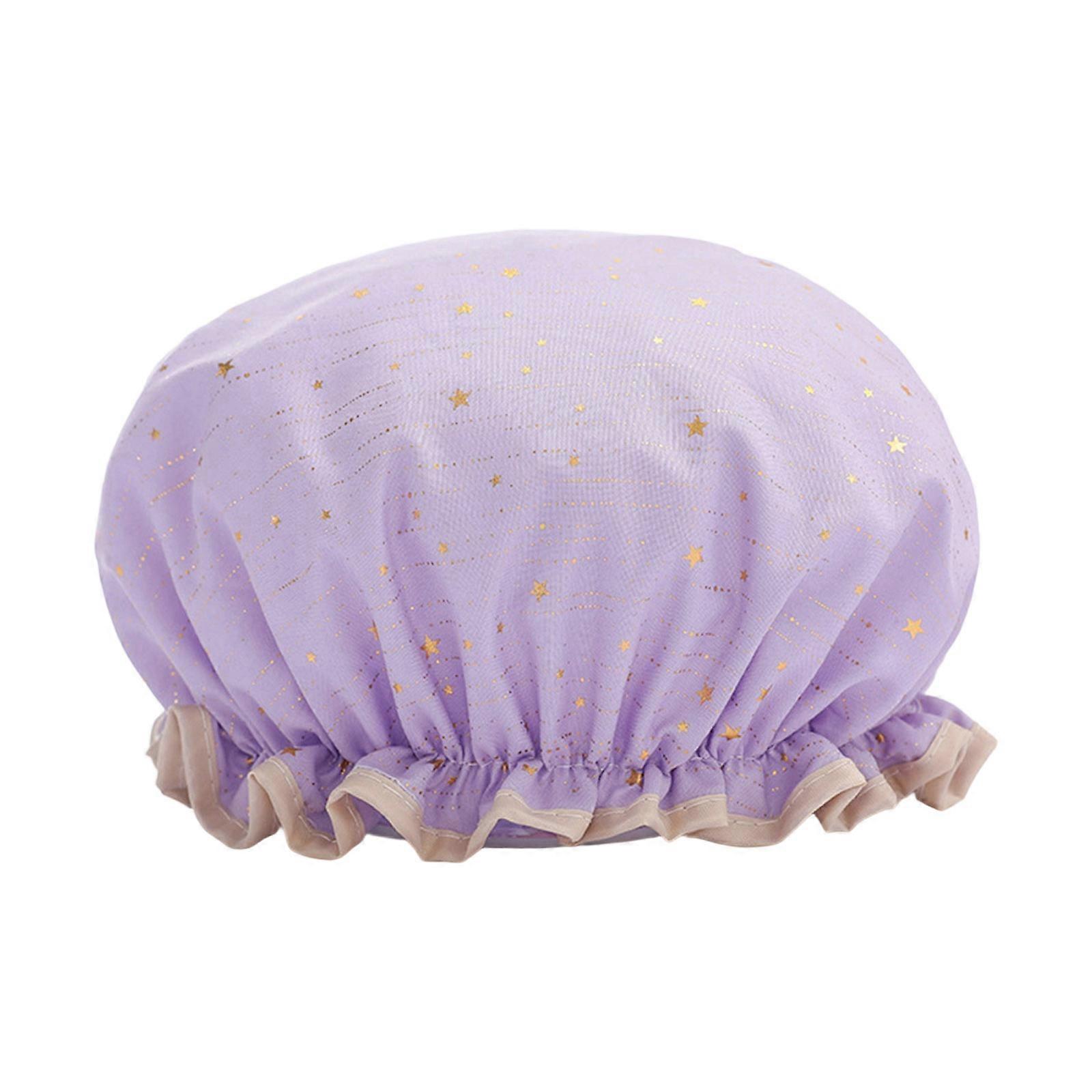Double Layer Waterproof Shower Caps for Women with Elastic Bands and Cute Pattern Purple