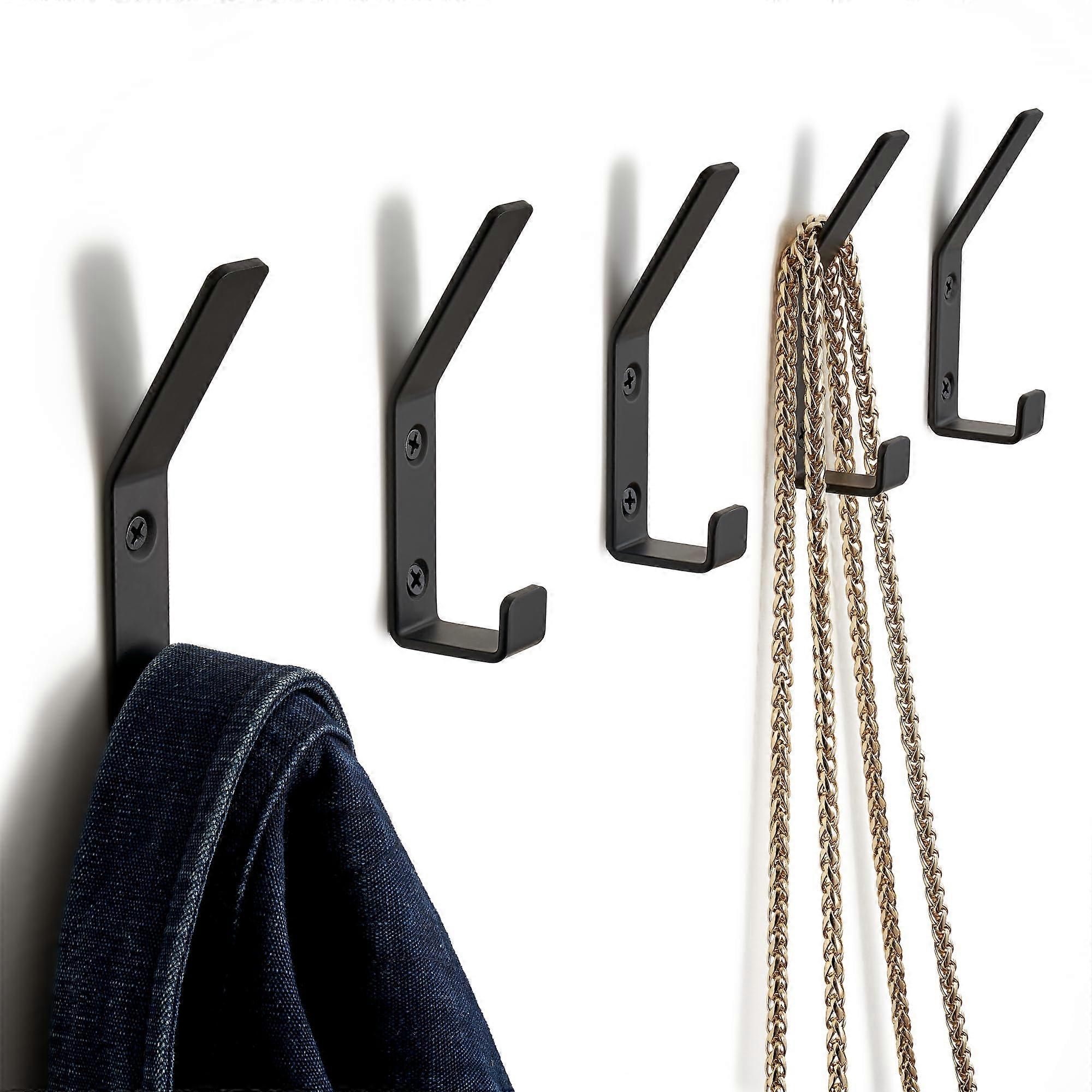 Decorative Black Metal Coat Hooks Wall Mount Set of 5 - Sturdy Double Hooks for Jackets, Towels, and Hats