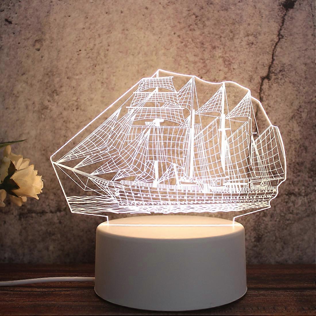 White Base Creative 3D Tricolor LED Decorative Night Light, Plug Version Sailboat