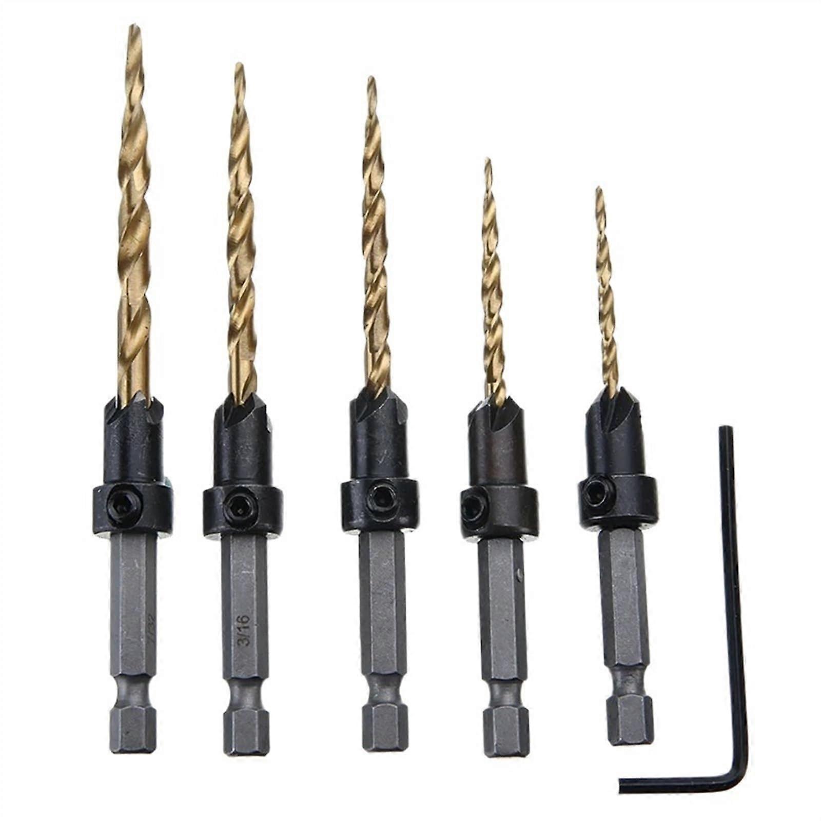 HSS Woodworking Countersink Router Bit Set - 5Pcs, 6.3mm Hex Shank, Tapered Counterbore Hole Cutter, Screw Hole Drill