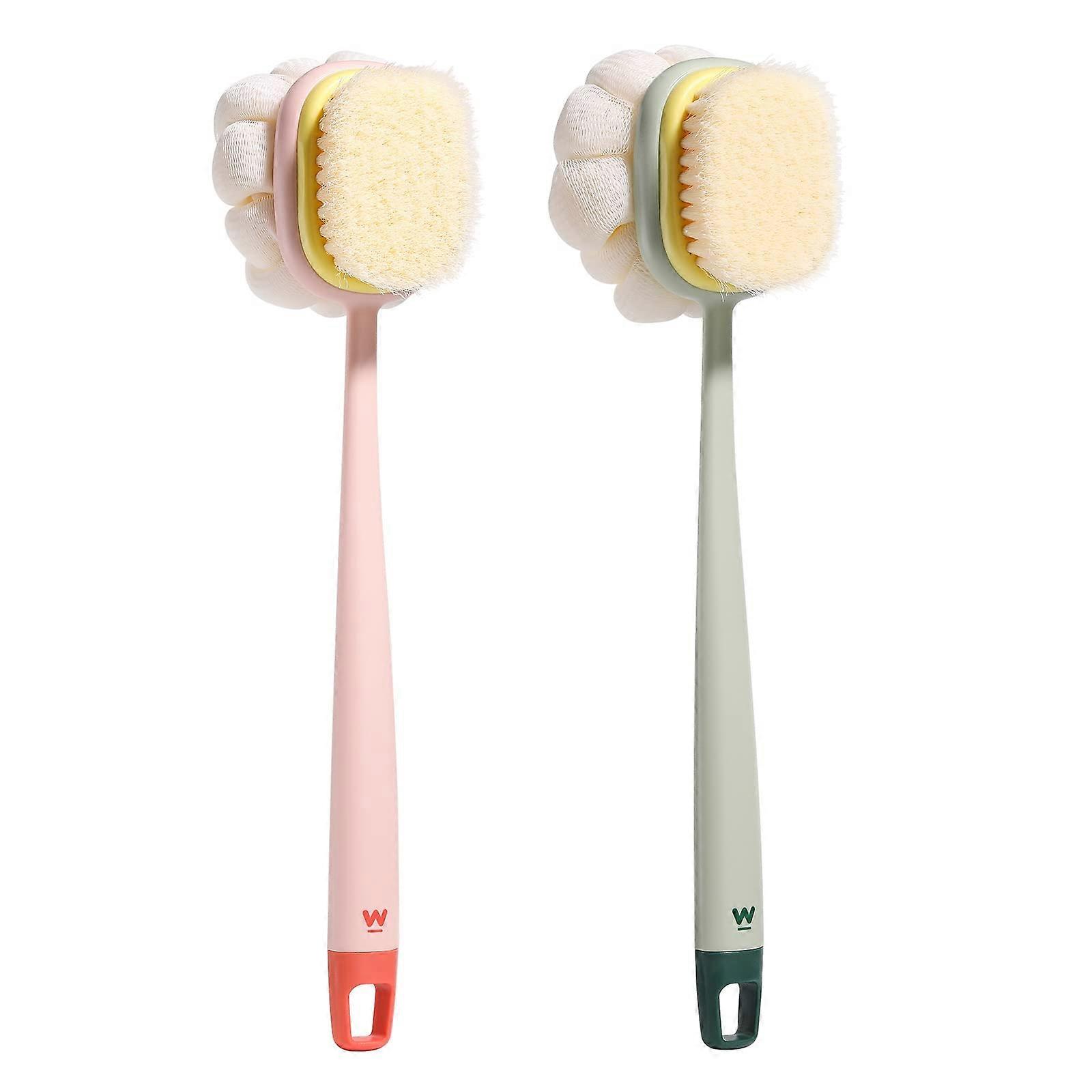 Body Shower Brush With Bristles And Loofah Back Scrubber With Long Handle Mesh Sponge Wet Or Dry Pink Green