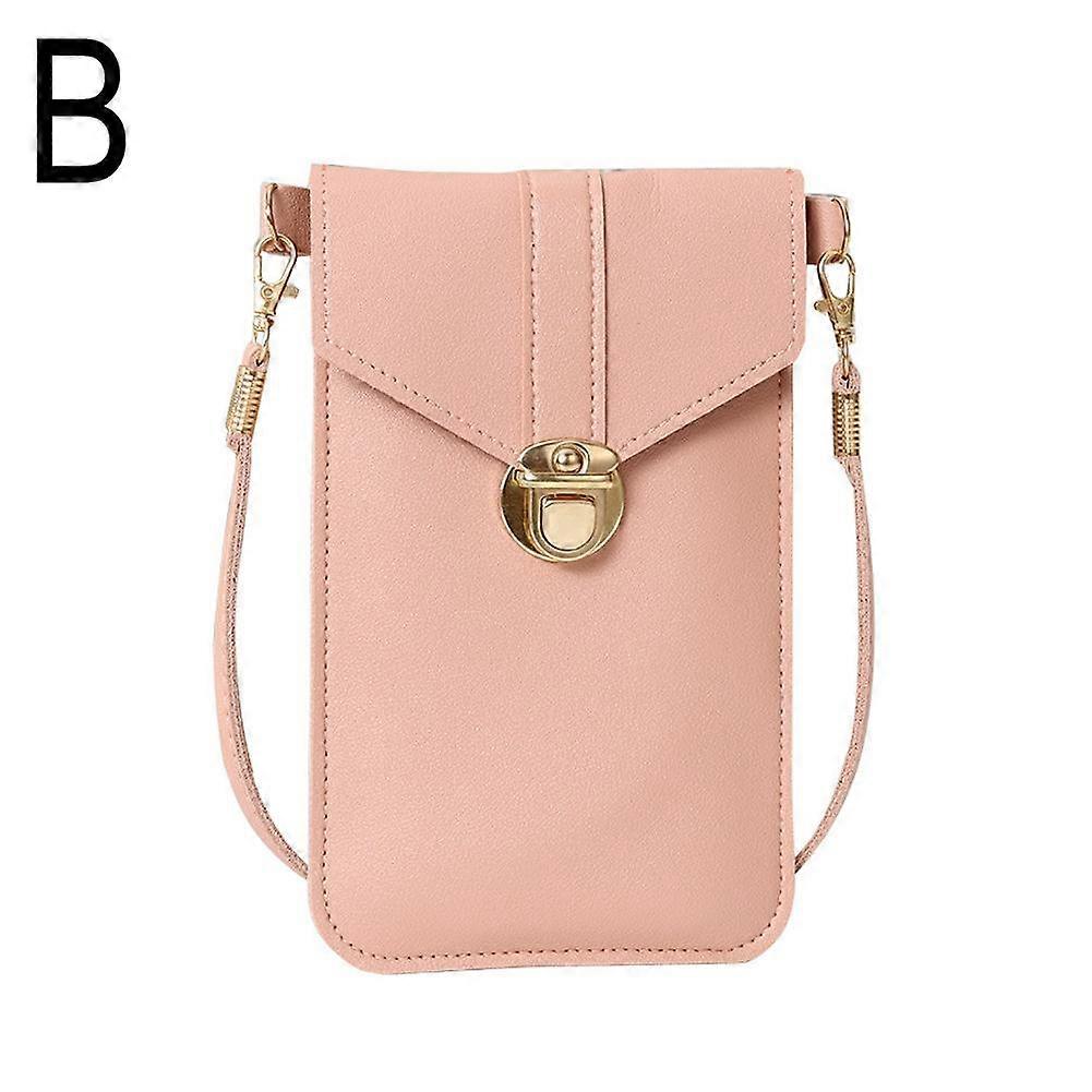 (With hook) light pink (B) $ New women's trendy lock crossbody pu leather touch screen mobile phone wallet female retro student buckle small wallet
