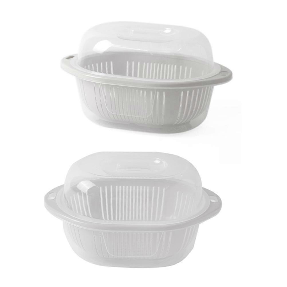 Double Layer Vegetable Washing Basket with Lid, Small Round Drain Strainer for Fruits and Vegetables, Multi Purpose Kitchen Storage, White