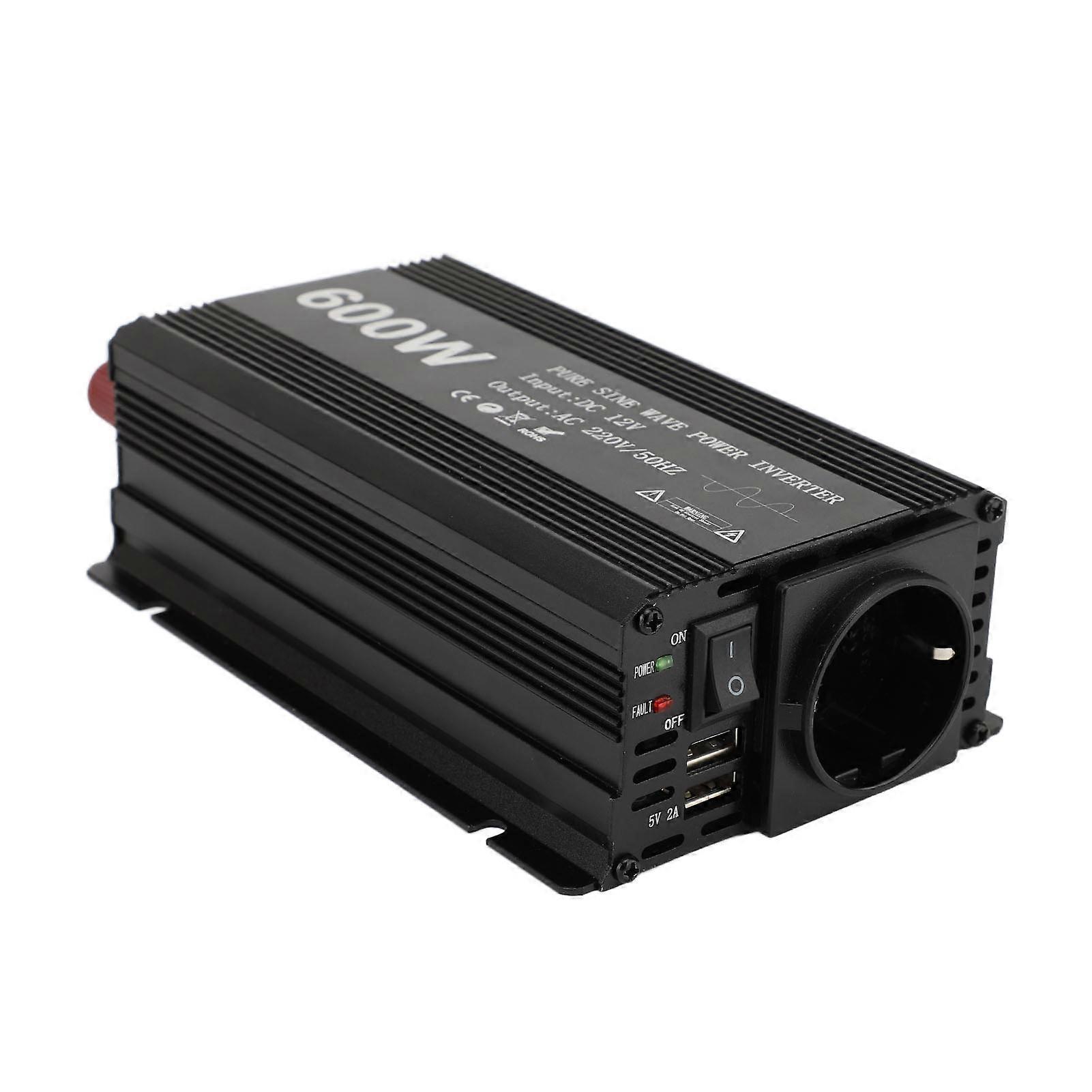 Onduleur 600 W à onde sinusoïdale pure, convertisseur CC vers CA portable pour voiture, entrée 12 V, alliage d'aluminium, prise UE 220 V