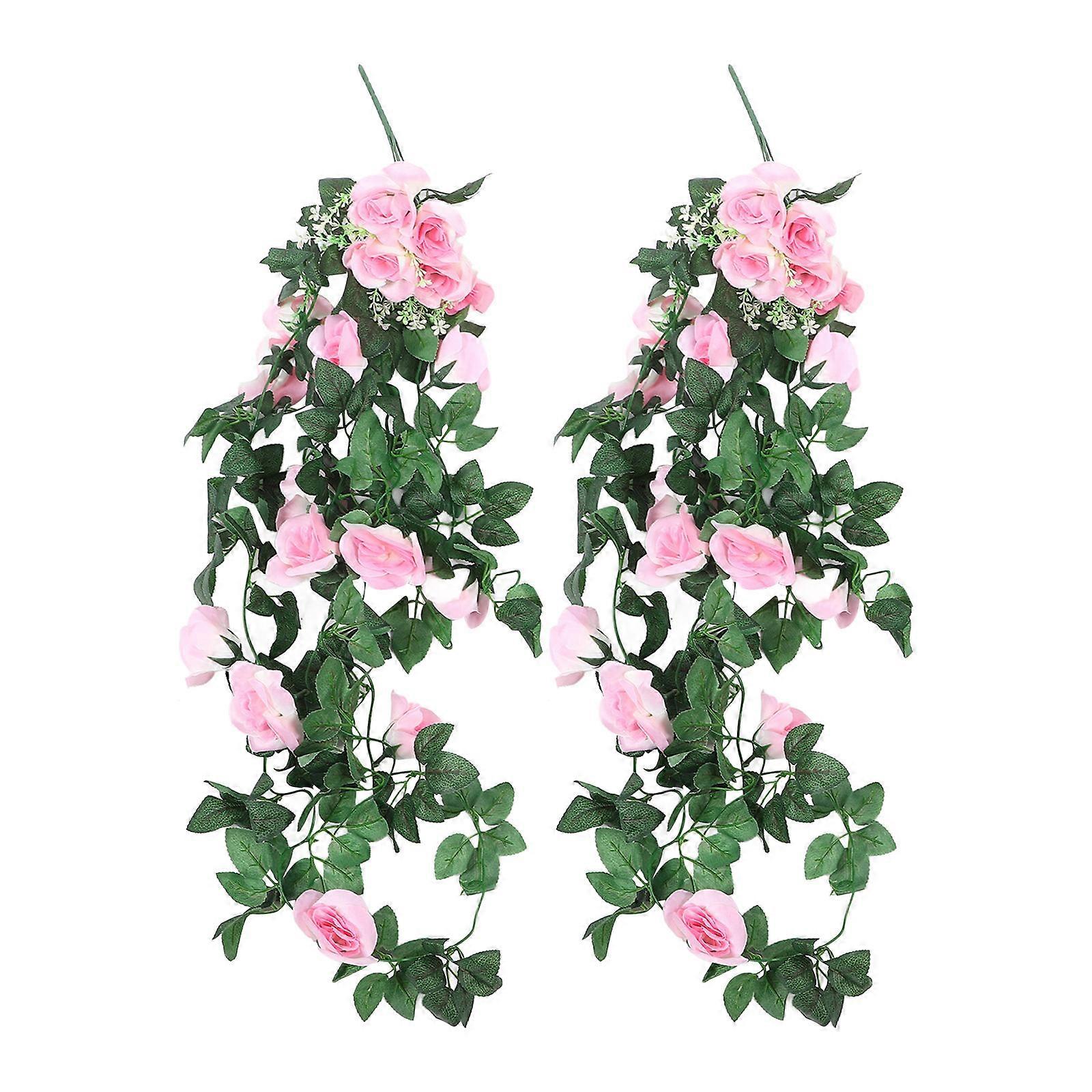 Artificial Rose Vine Garland with Green Leaves – 2pcs Faux Flowers for Home Decor, Wedding, Party, Festivals – No Watering Required
