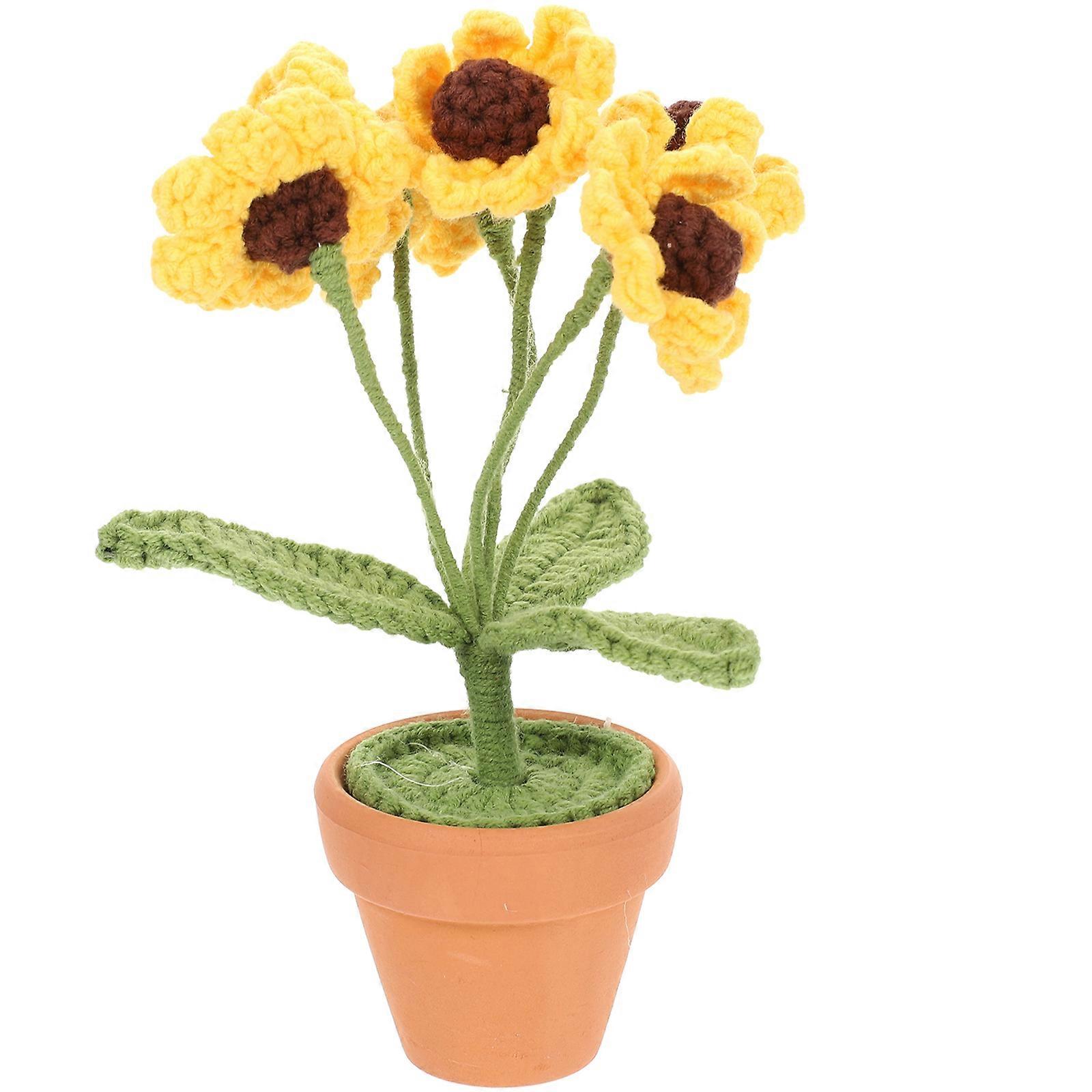 Knitting Flower Crafts Ornament Non-wilting For Desk Decoration Yellow 4.3x4.3x13.5cm 1Pcs