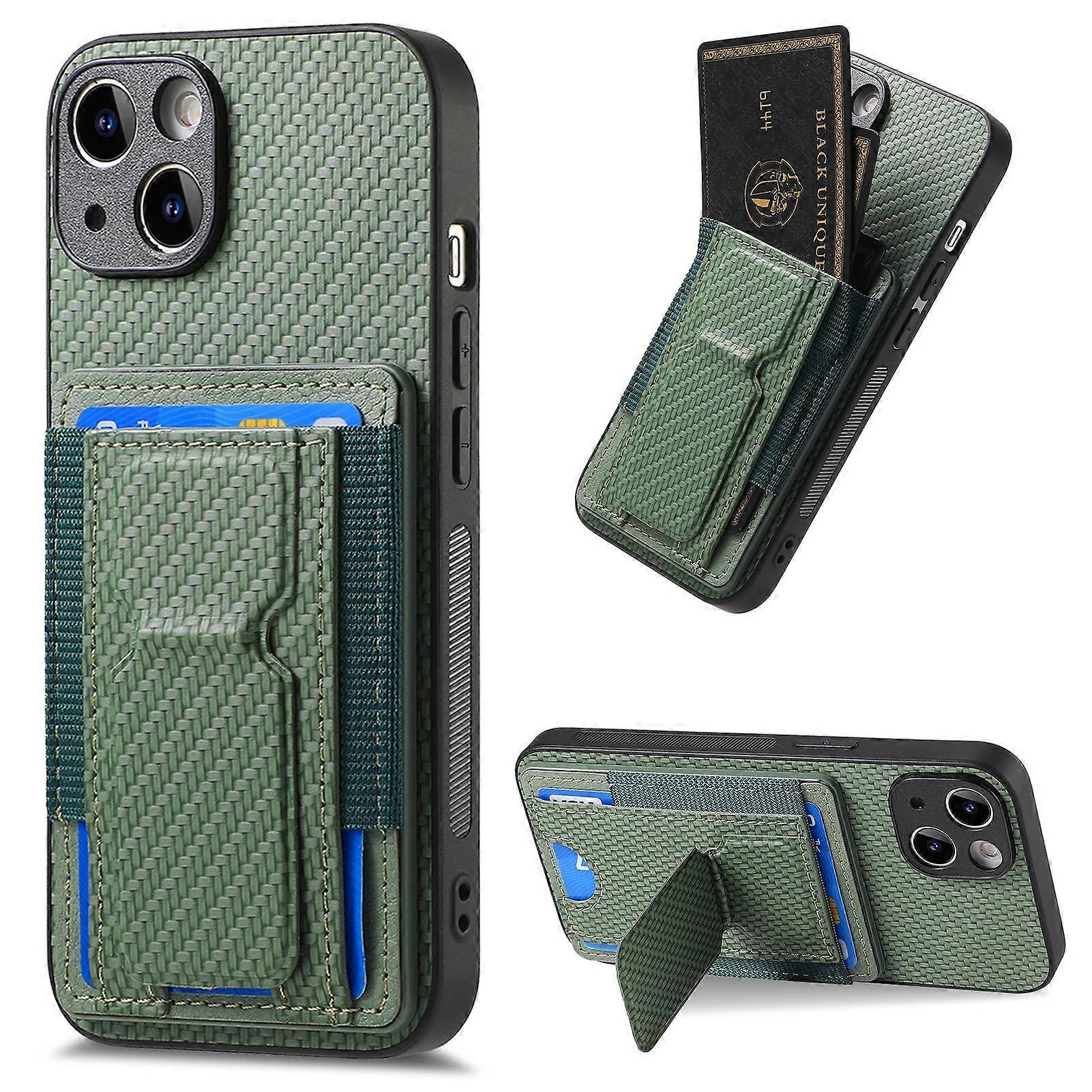 Case For Iphone 13 Green Carbon Fiber Pattern Upper And Lower Opening Bracket Card Insertion Leather No511