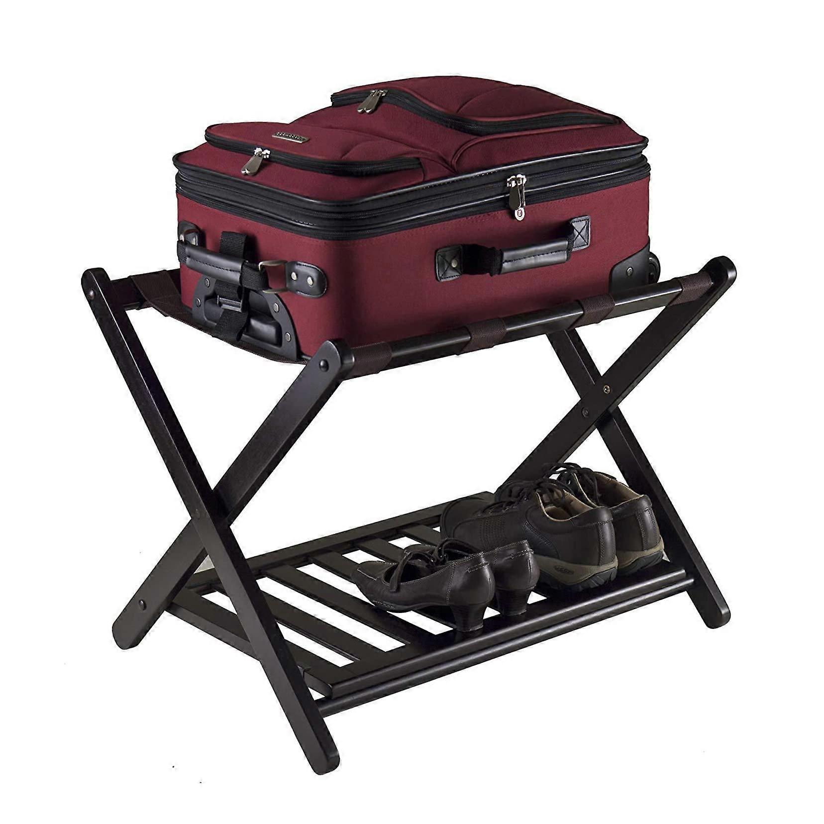 Foldable luggage rack with shoe shelf, black collapsible for guest rooms