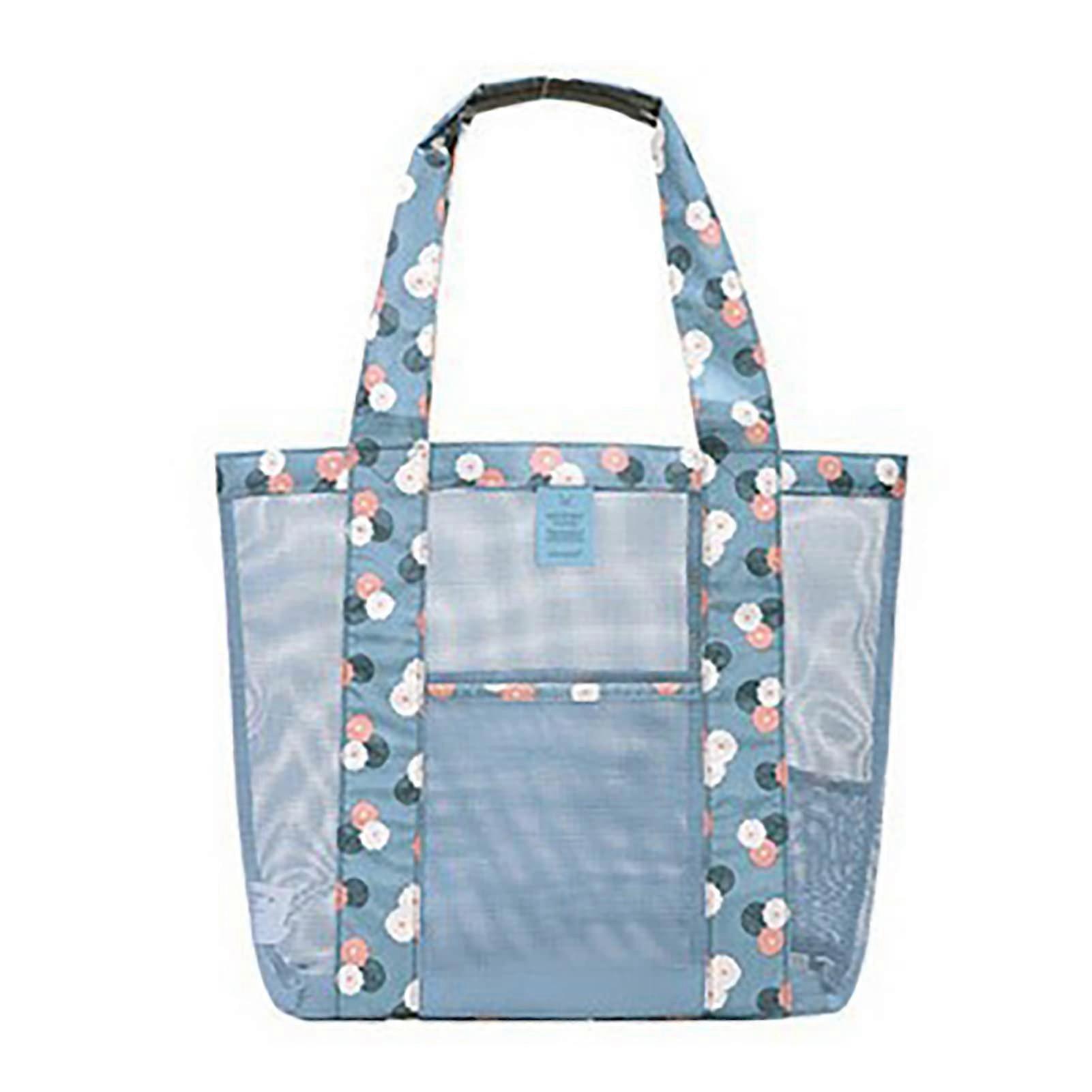 Beach Bag, Mesh Beach Bag, Foldable, Lightweight Pool Bag, Large Capacity, Casual Oxford Fabric, Women's Mesh Handbag for Shopping, Swimming, blue