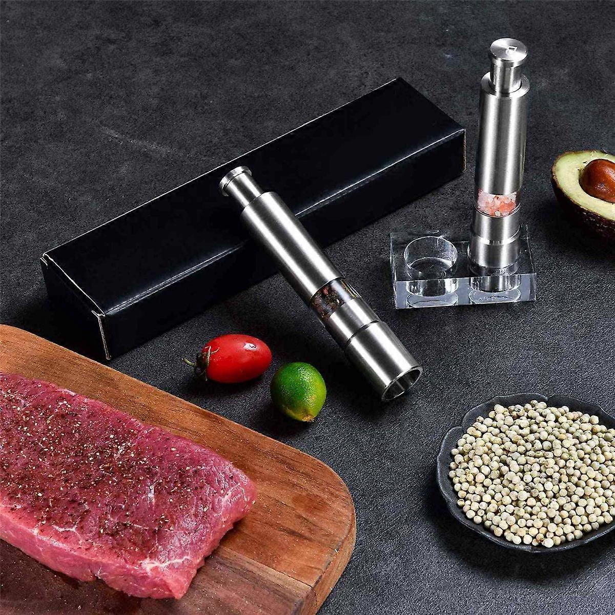 Salt and Pepper Grinder Set of 2, Stainless Steel Push-Button Glass