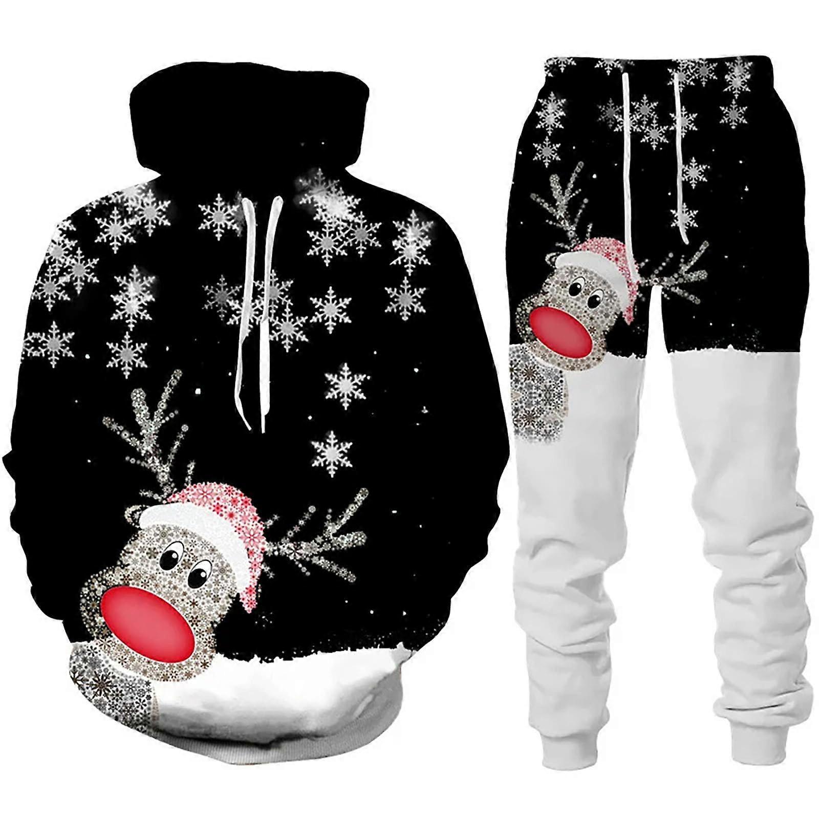 Men's Christmas 3D Print Jogging Suit Funny Holiday Tracksuit Set with Sweater and Training Pants, Black, Size 3XL