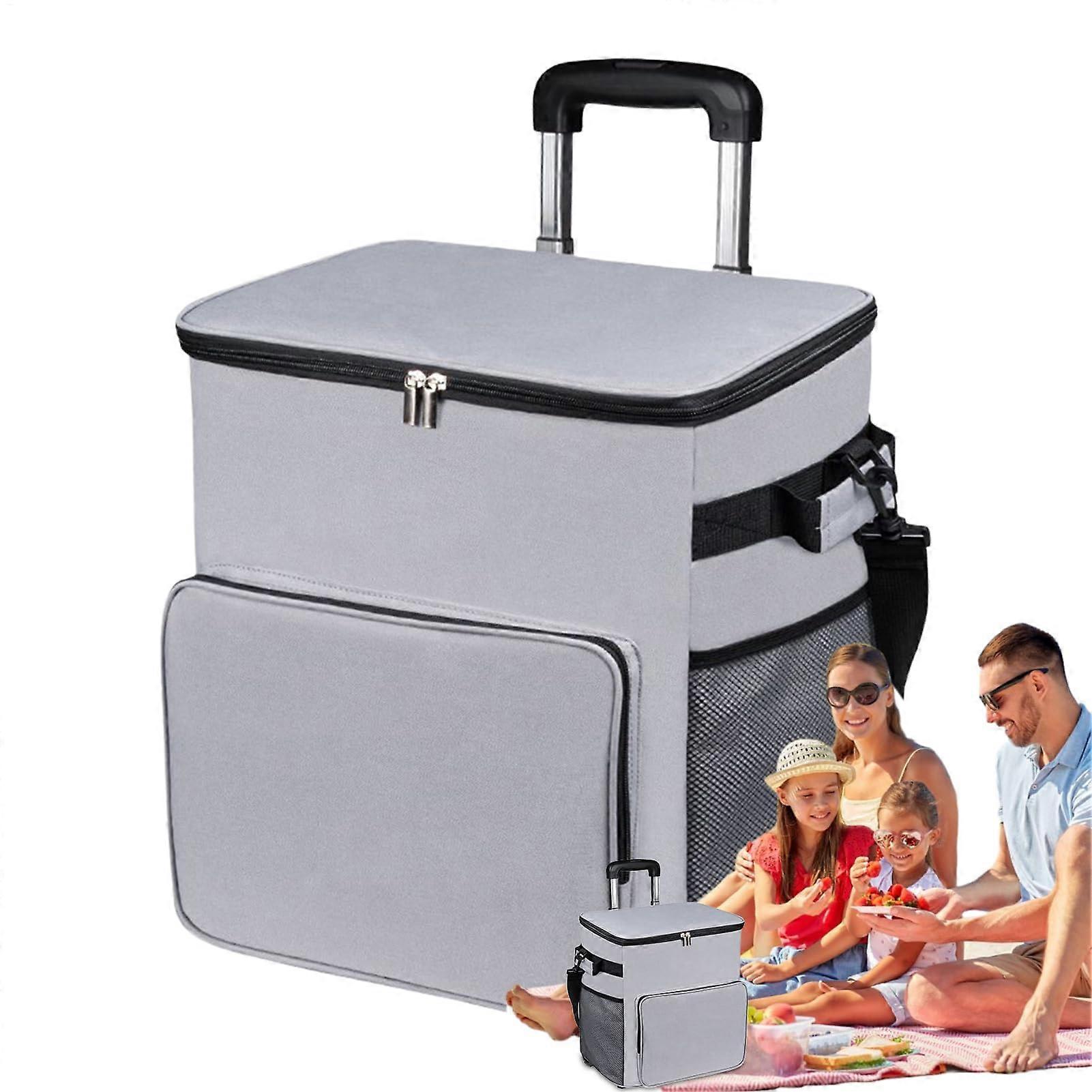Cooler Bag with Wheels Lightweight Cooler, Travel Waterproof Rolling Cart with Handle 35L Insulated Bag for Terrace Shopping Outdoor Camping Gray