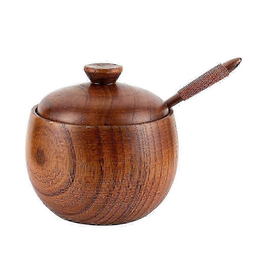Wooden Condiment Box Set with Salt Pot & Sugar Jar - Brown Storage with Spoon - 8.5x8x8cm for Kitchen Organization
