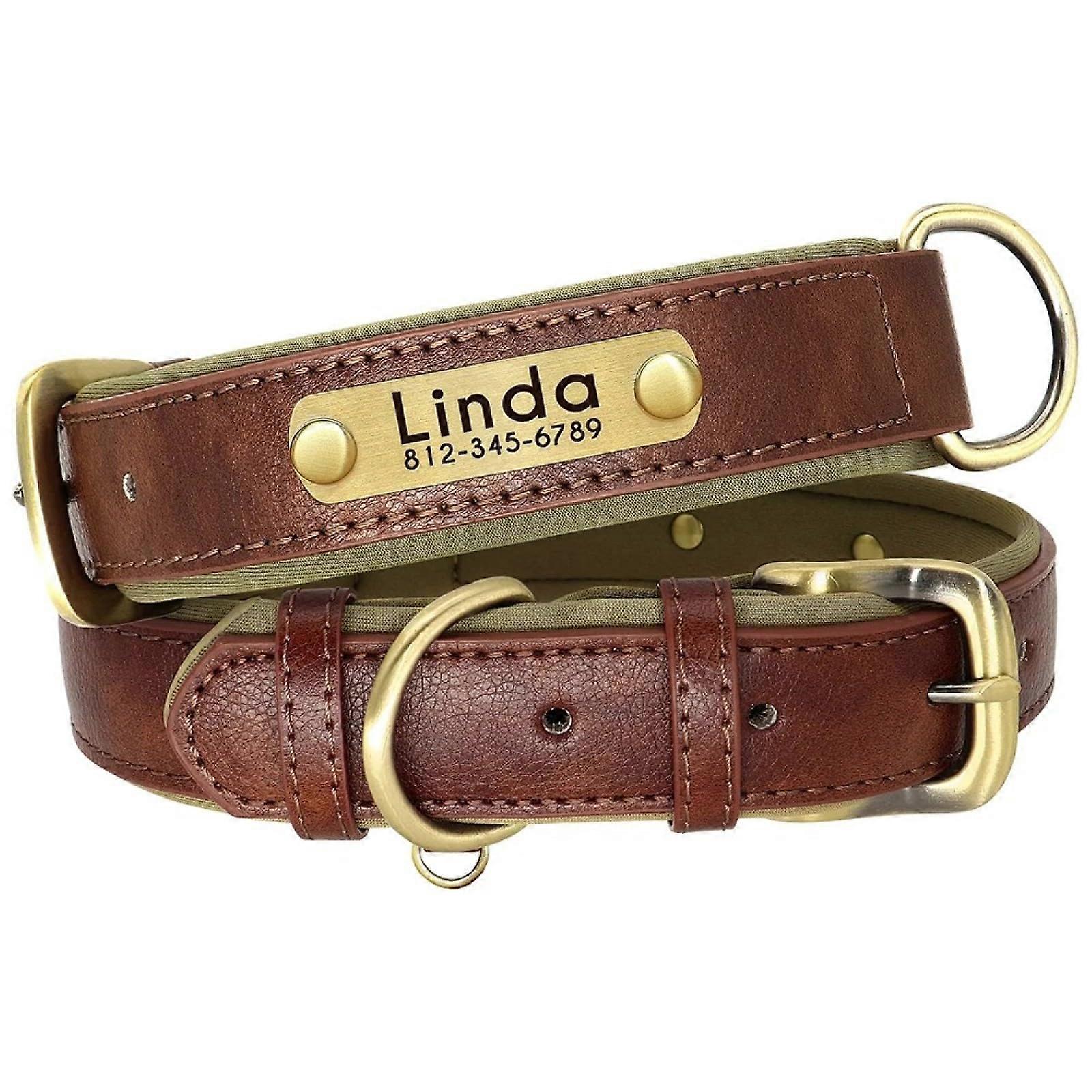 Loss Protection Adjustable Padded Leather Collar with Matching Name Tag Poodle Bulldog Chihuahua Phone Number Name, Brown, Size L