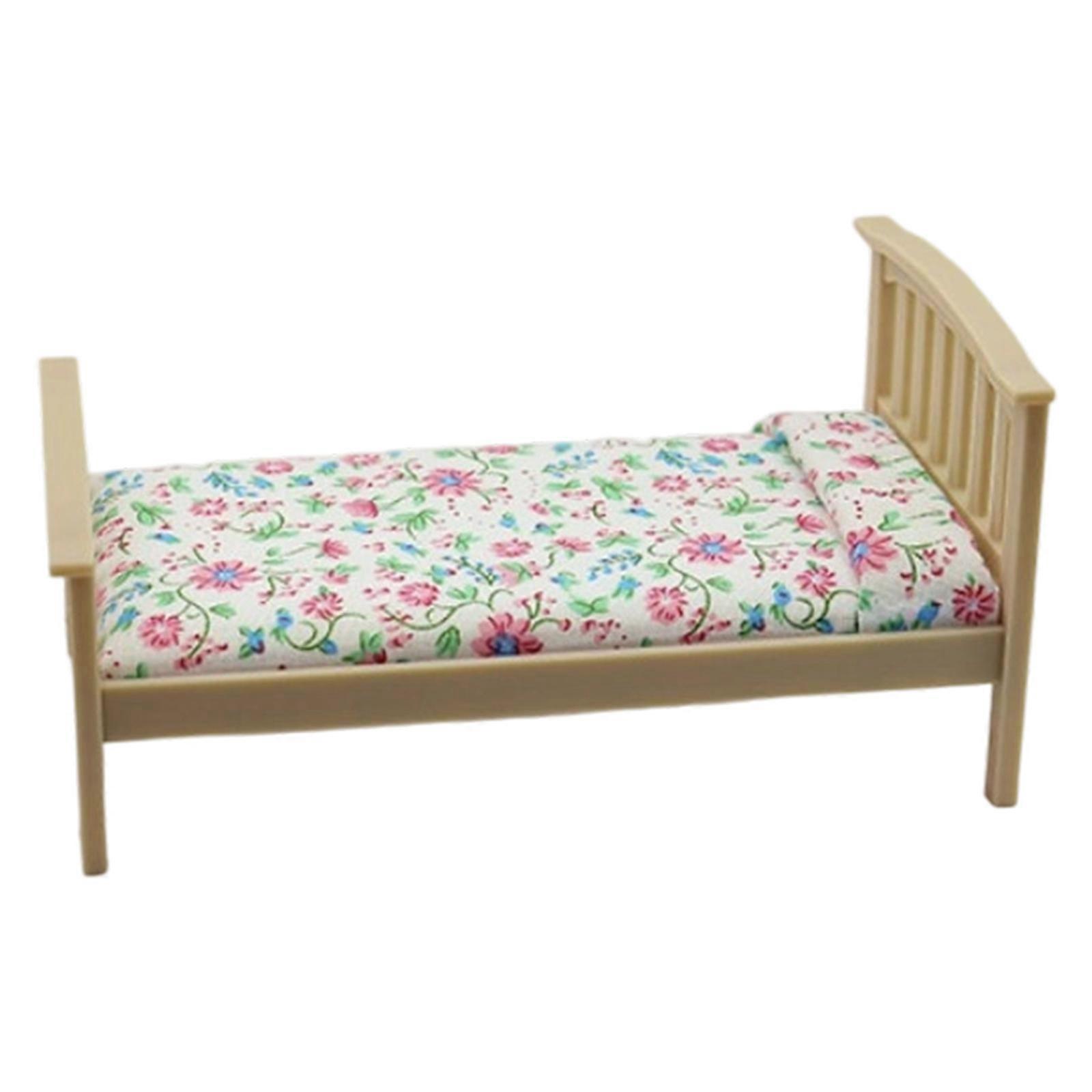 田舎の花のプリントミニチュアシングルベッド人形の家の装飾1/12木製家具人形の家のシーンディスプレイアクセサリーログの色