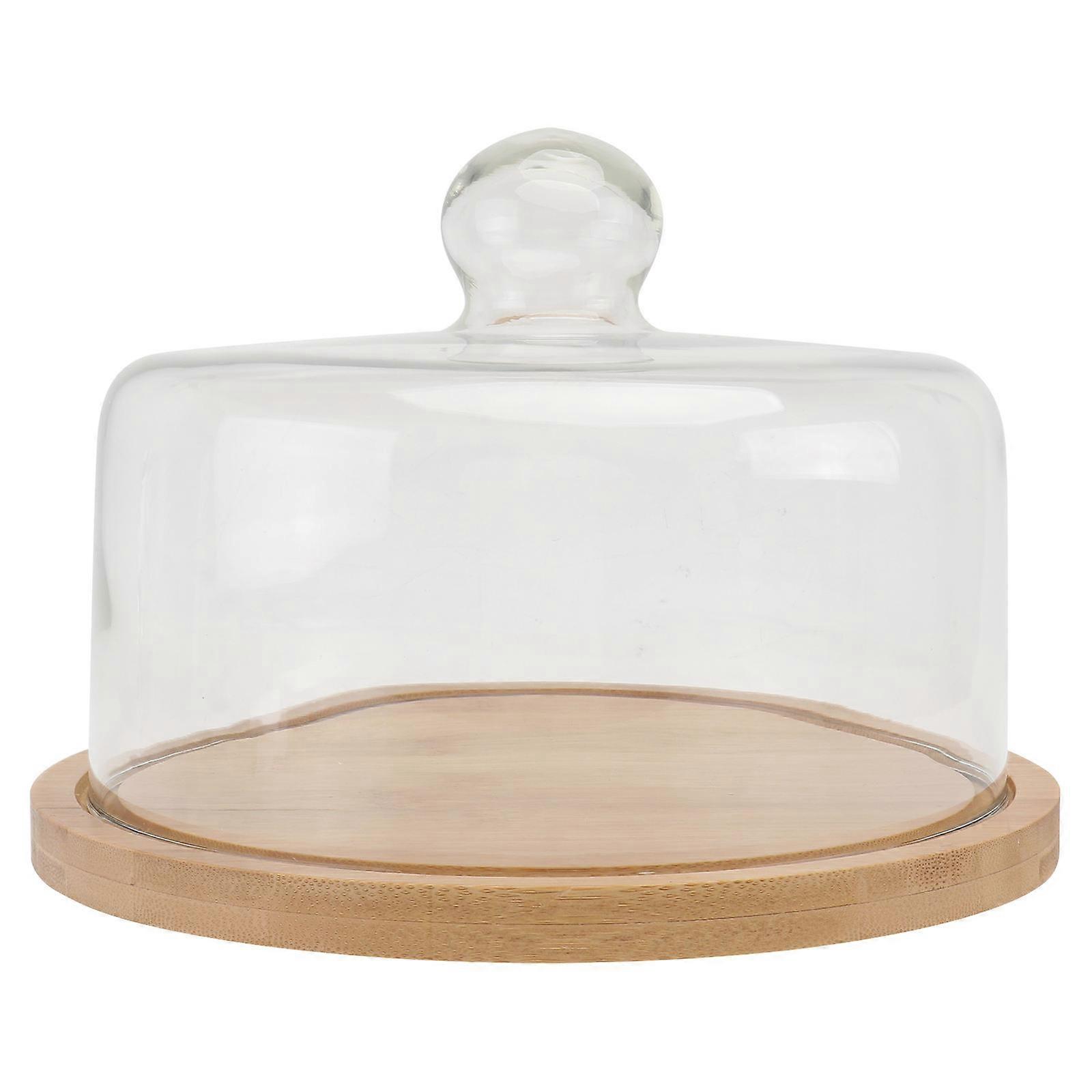 Rotating Cake Plate Set with Transparent Glass Cover and Wood Tray Medium Food Display Dome for Dust Protection, Stylish Snack and Dessert Serving
