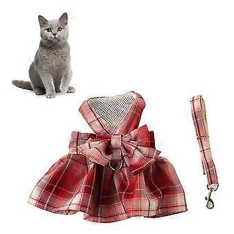 Stylish Dog Harness Dress with Leash - Cute Bowknot Plaid Design, Breathable & Comfortable for Daily Wear & Special Occasions - Red M