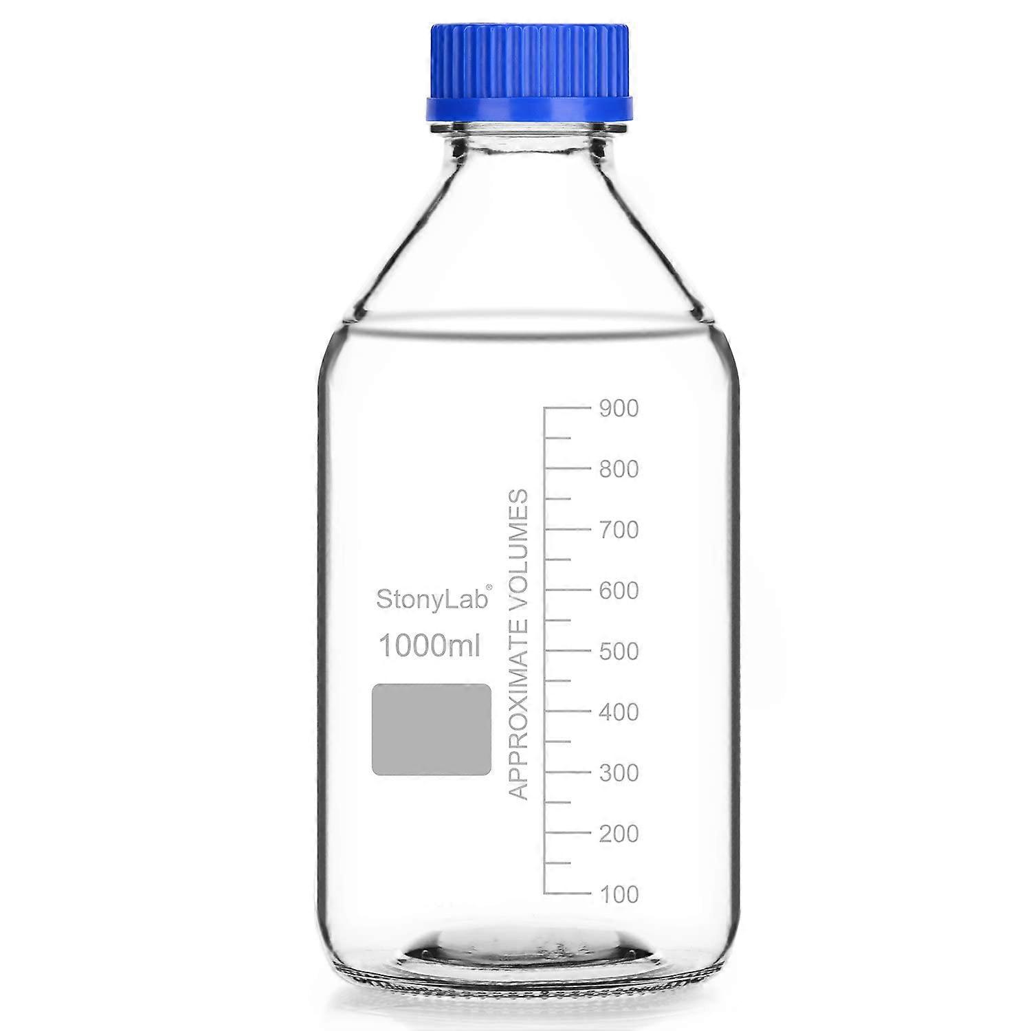 Graduated Storage Bottles with GL45 Screw Cap, 1000ml Glass Clear Round Laboratory Reagents Storage Bottles with Blue Screw Cap, 1 Pack 1000 ml