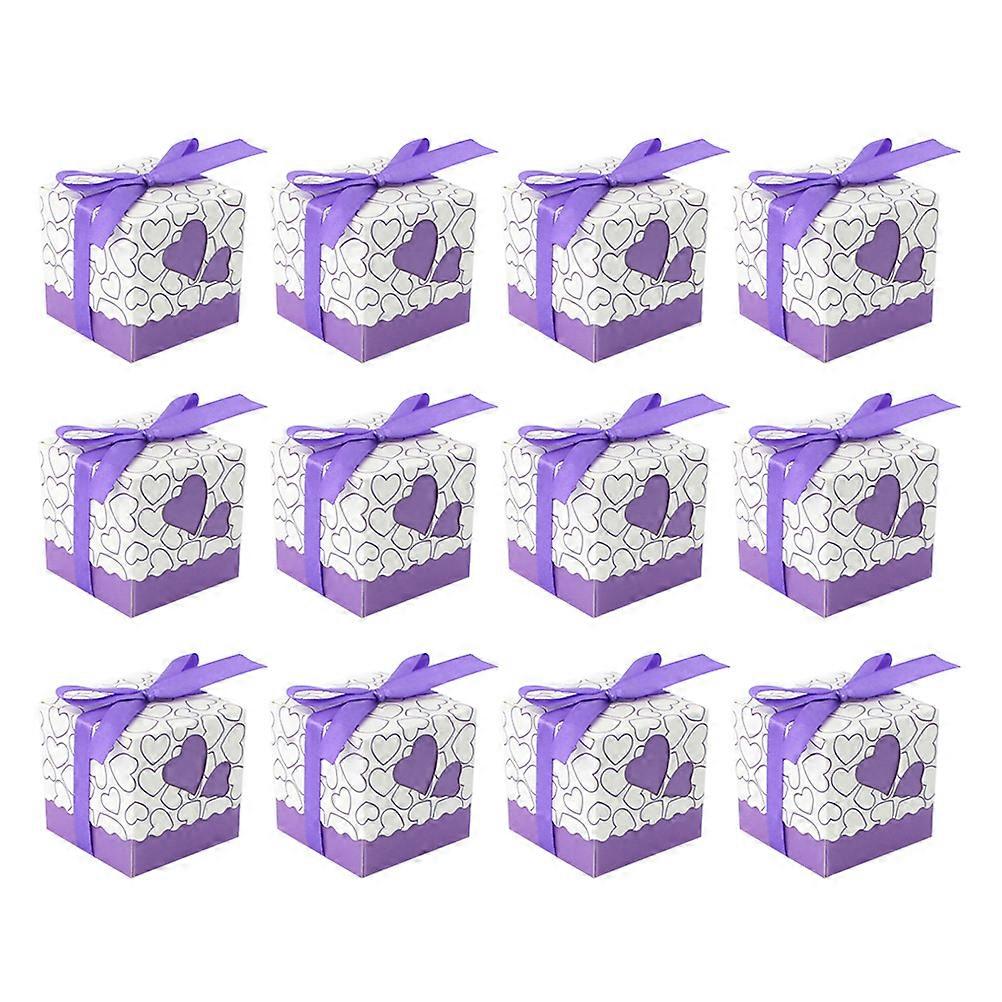 50pcs Hearts Design Candy Boxes Square Chocolate Boxes Gift Container with Ribbon for Wedding Purple
