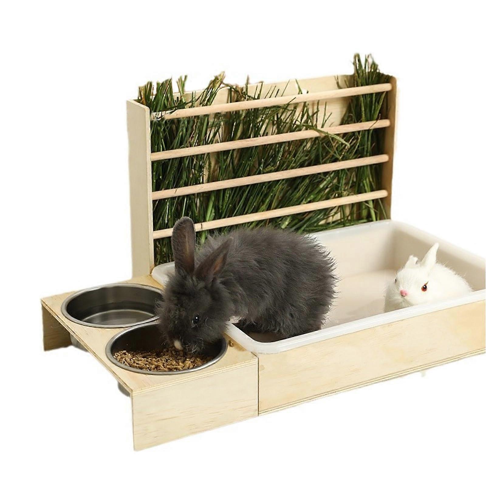 Rabbit Litter Tray with Hay Feeder - 4 in 1 Wooden Feeding Station for Rabbits, Guinea Pigs, and Small Pets with Bowls