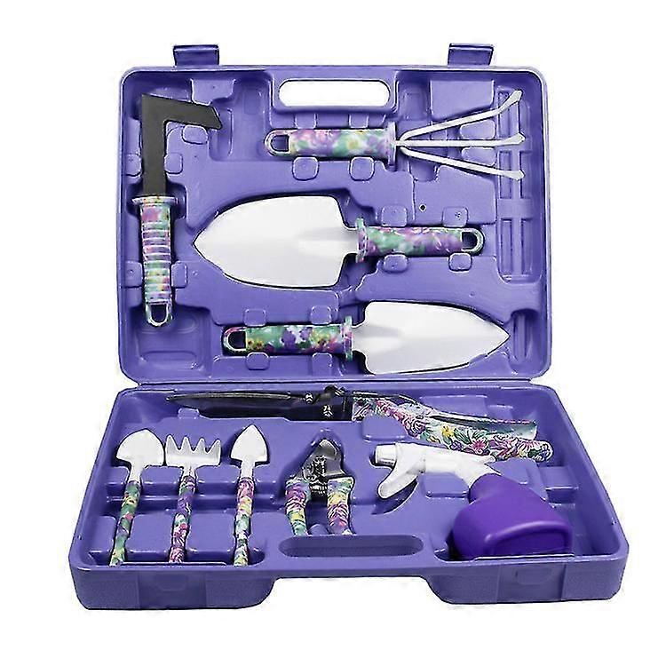 ガーデンツールセット、10ピースガーデニングとプランティングキット、キャリングケース付き、エルゴノミックハンドルガーデニング作業セットパープルフローラルプリント、ギフトフォーガーデン